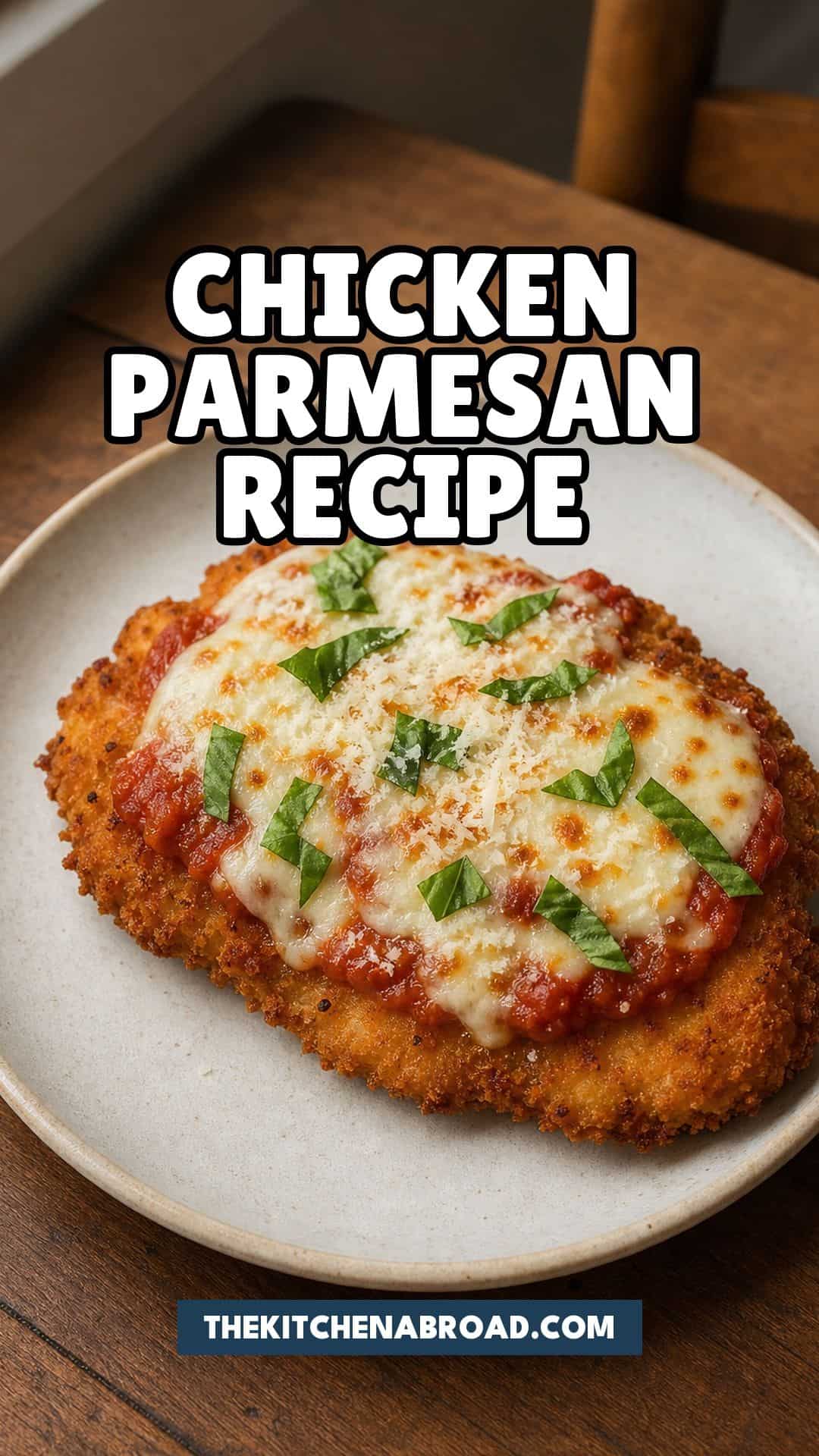 Chicken Parmesan Recipe (Crispy, Italian-American Classic) Easy chicken parmesan recipe pin showing crispy breaded chicken with tomato sauce and melted cheese.