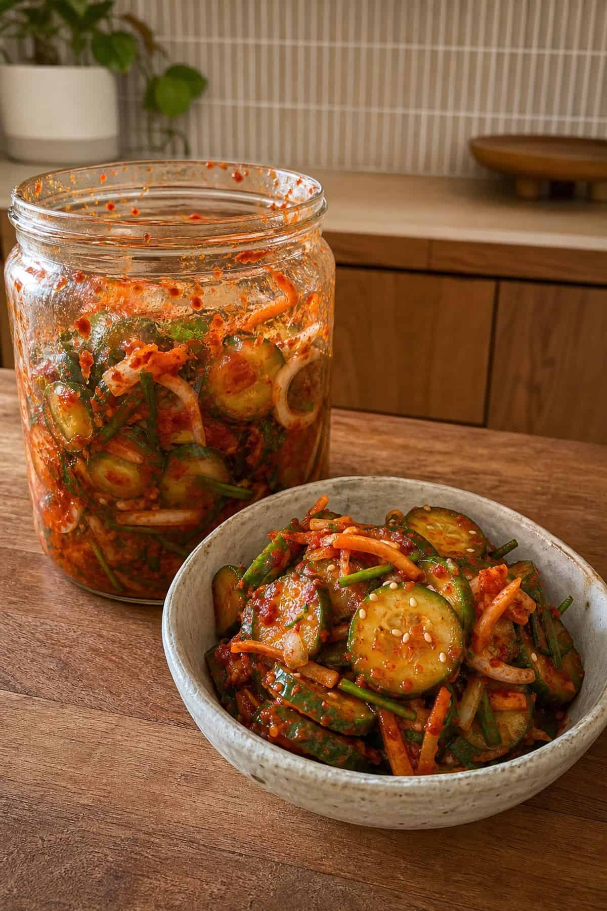 Cucumber Kimchi Recipe (Oi Kimchi) with Gochugaru Cucumber kimchi with gochugaru, carrot, onion, chives, and sesame seeds