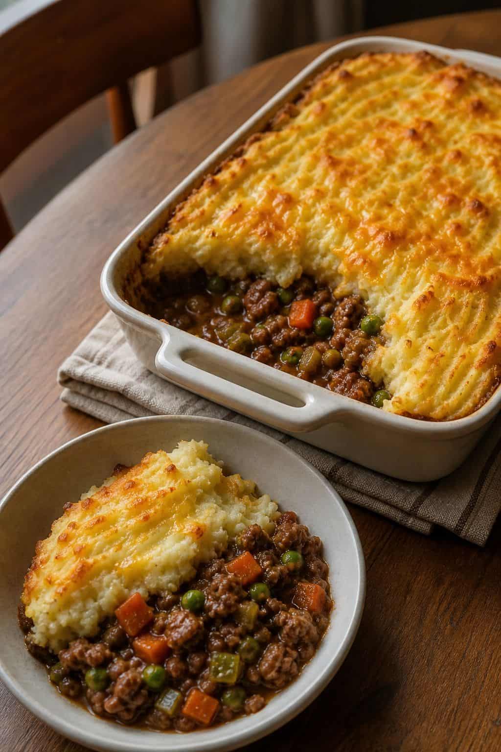 Shepherd&rsquo;s pie with lamb filling, peas, carrots, and broiled cheddar mashed potato topping