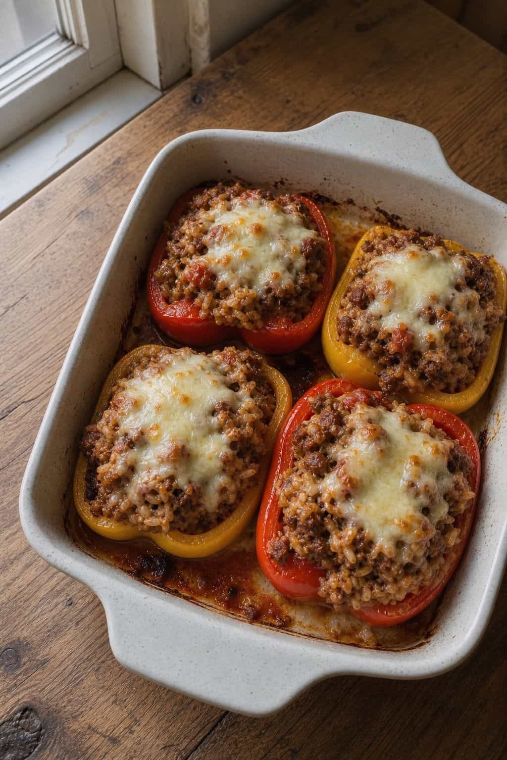 Easy Stuffed Peppers (Ground Beef and Rice) Easy Stuffed Peppers (Ground Beef and Rice) served in a rustic bowl