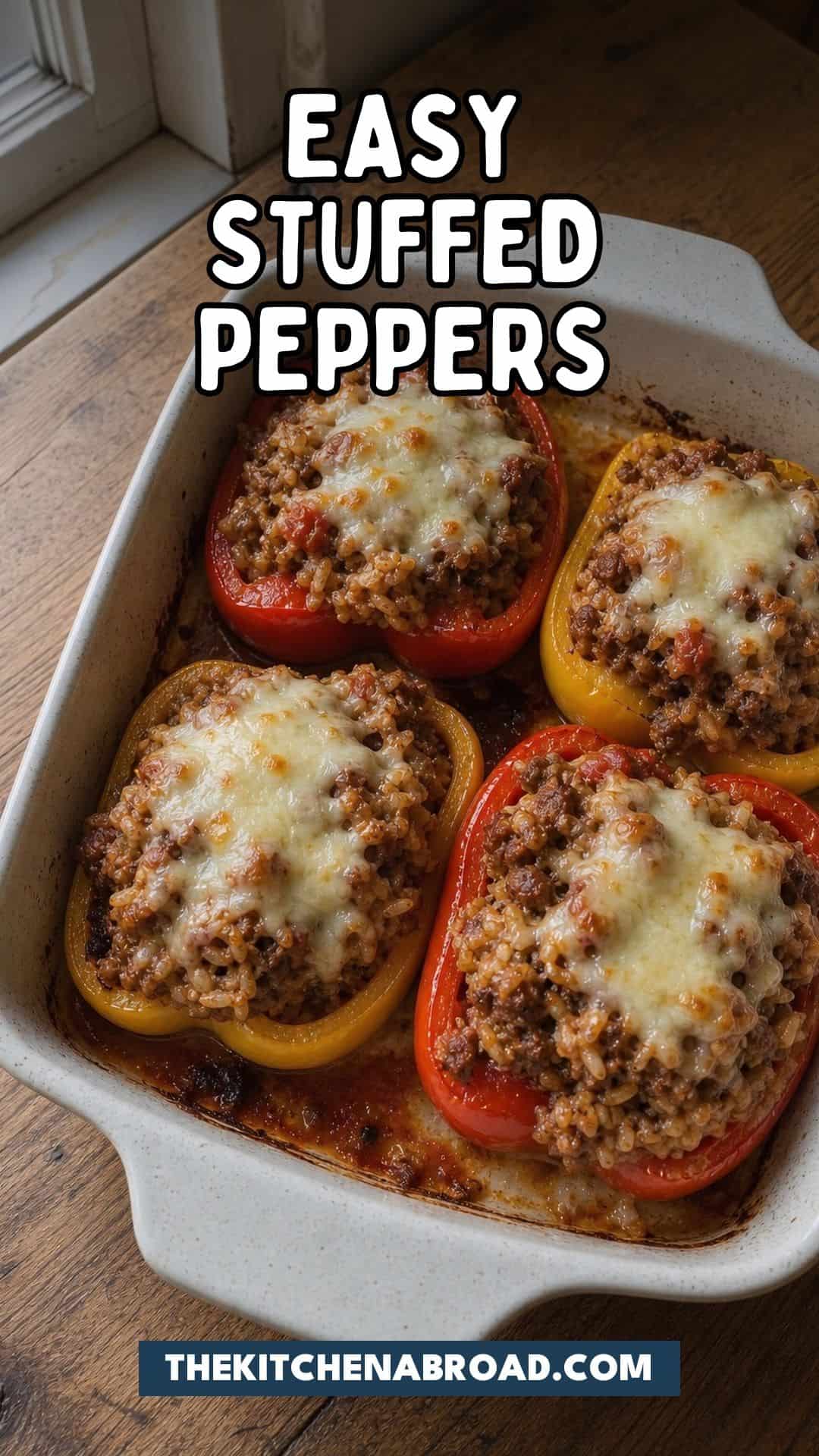 Easy Stuffed Peppers (Ground Beef and Rice) Pinterest pin for Easy Stuffed Peppers (Ground Beef and Rice)