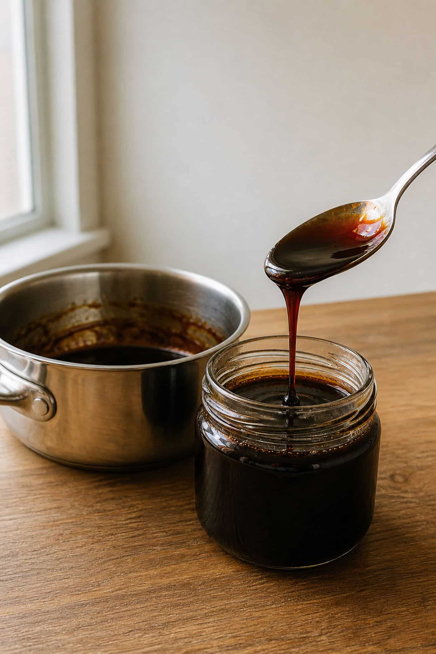 Homemade sweet soy glaze in a glass jar with a spoon showing the thick syrup texture.