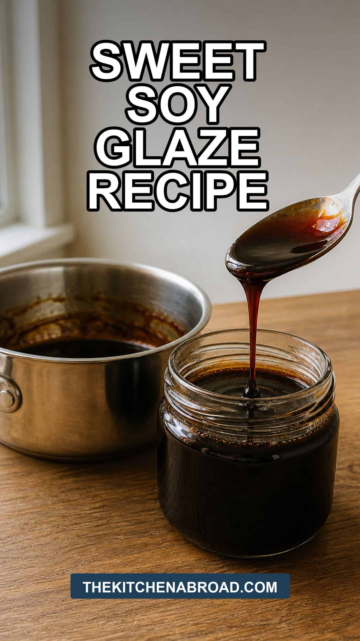 Pinterest pin for an easy sweet soy glaze recipe with a jar of homemade glaze.