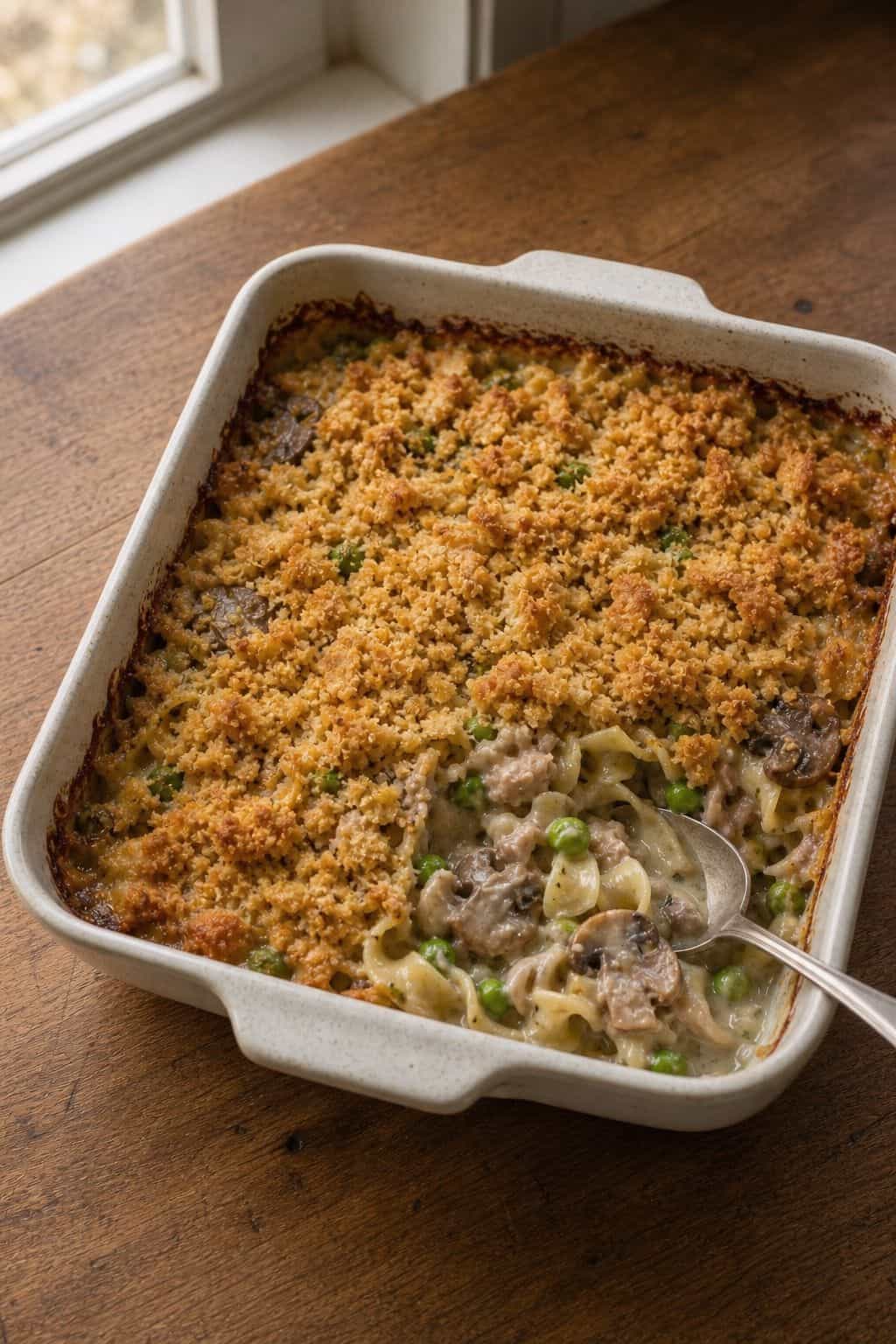 Easy Tuna Casserole (From-Scratch Sauce, No Canned Soup) served in a rustic bowl