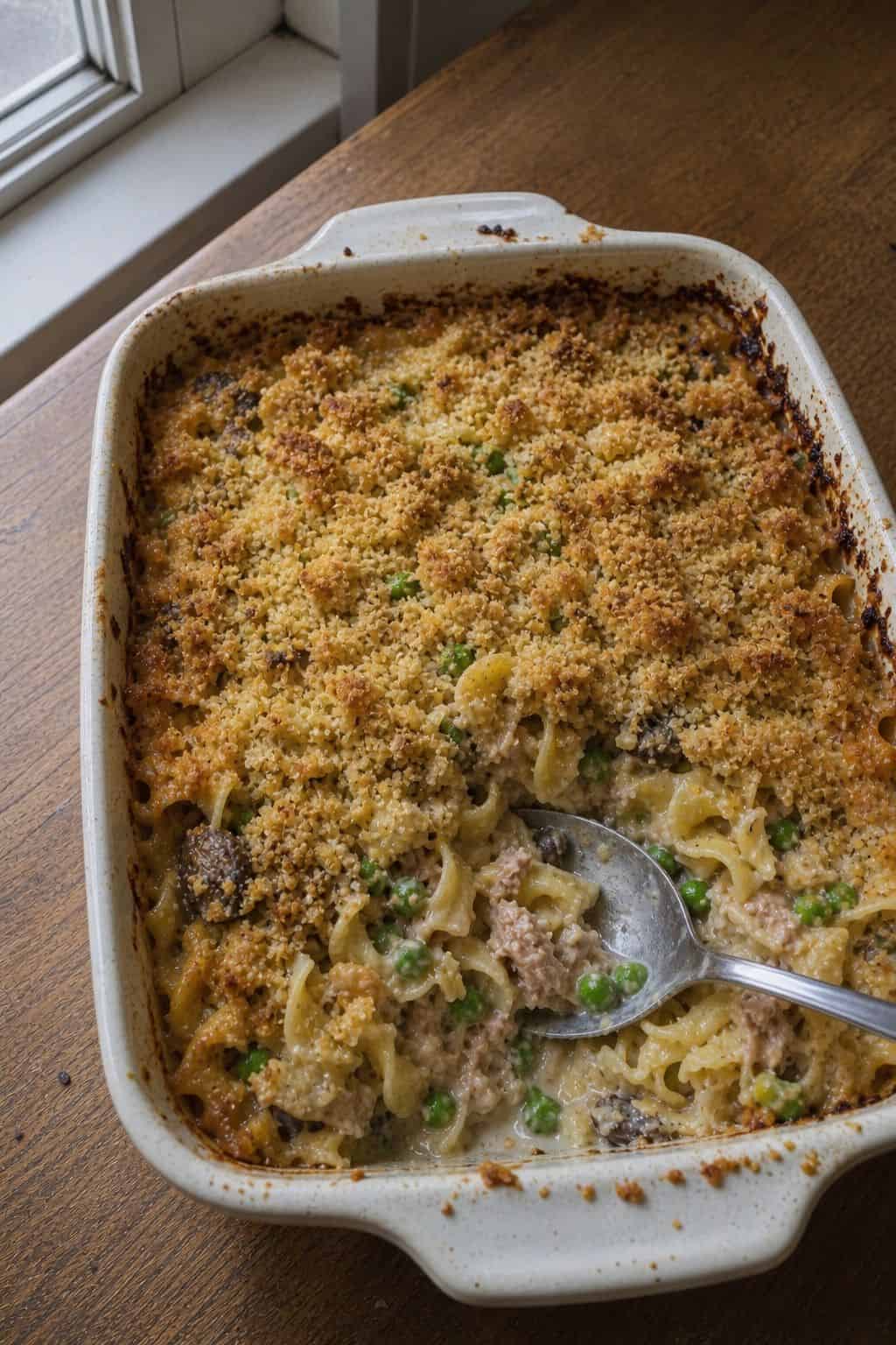 Easy Tuna Casserole (From-Scratch Sauce, No Canned Soup) served in a rustic bowl