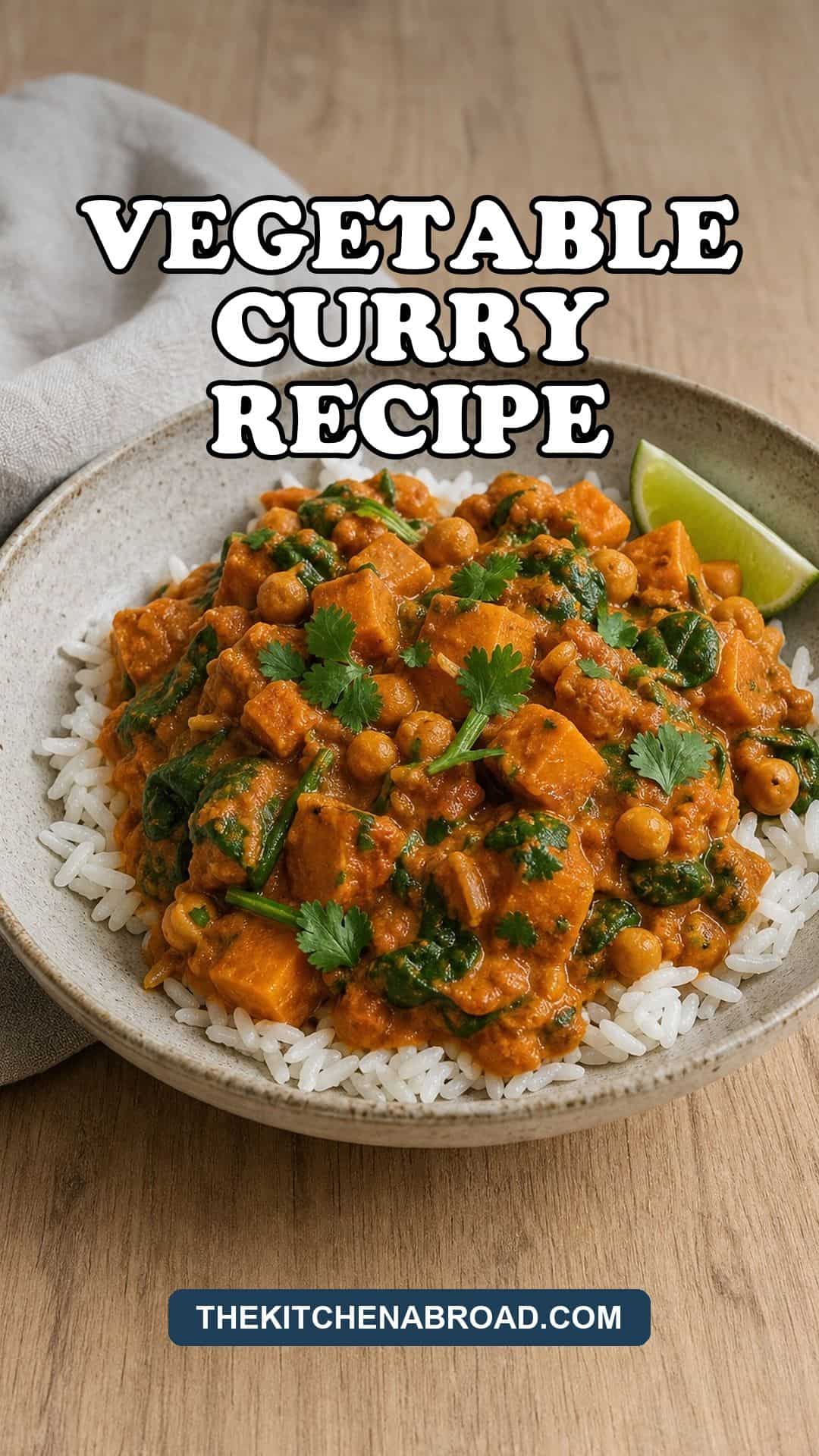 Easy Vegetable Curry (Coconut Milk, 30 Minutes) Easy vegetable curry recipe pin showing a cozy bowl of homemade vegetable curry.