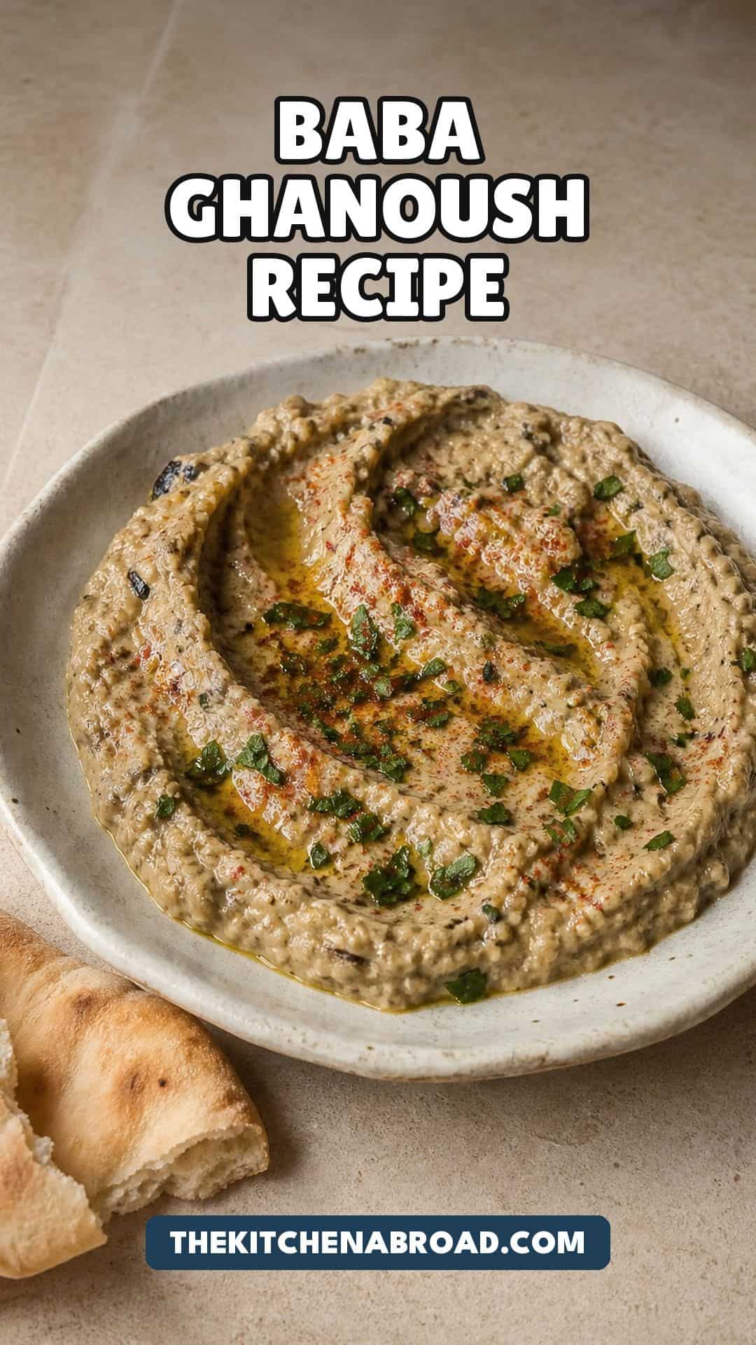 Eggplant with Tahini Recipe Baba ghanoush eggplant tahini recipe pin with olive oil, paprika, parsley, and pita.