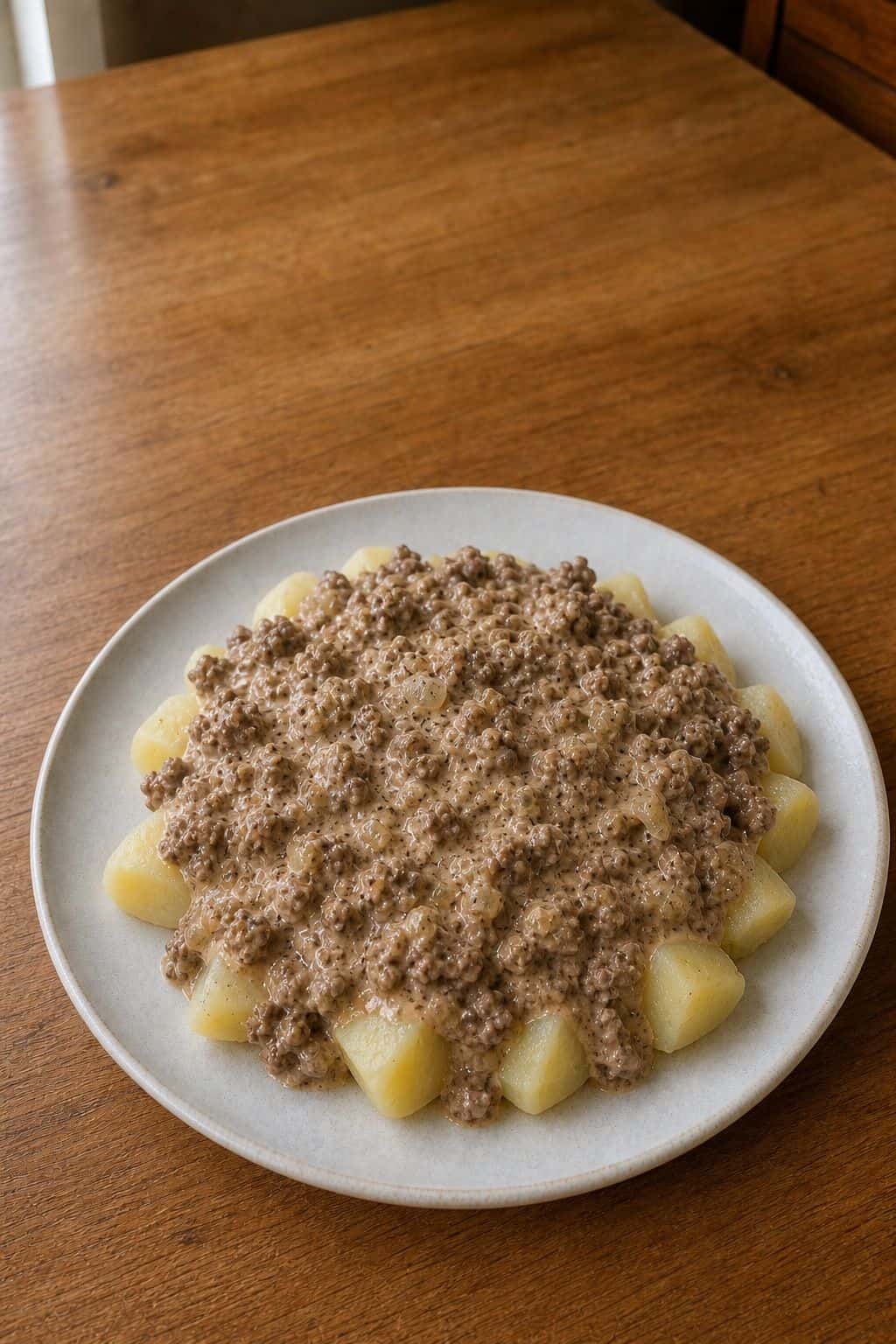 Hakklihakaste: Estonian Minced Meat Sauce Estonian minced meat sauce with sour cream served over boiled potatoes