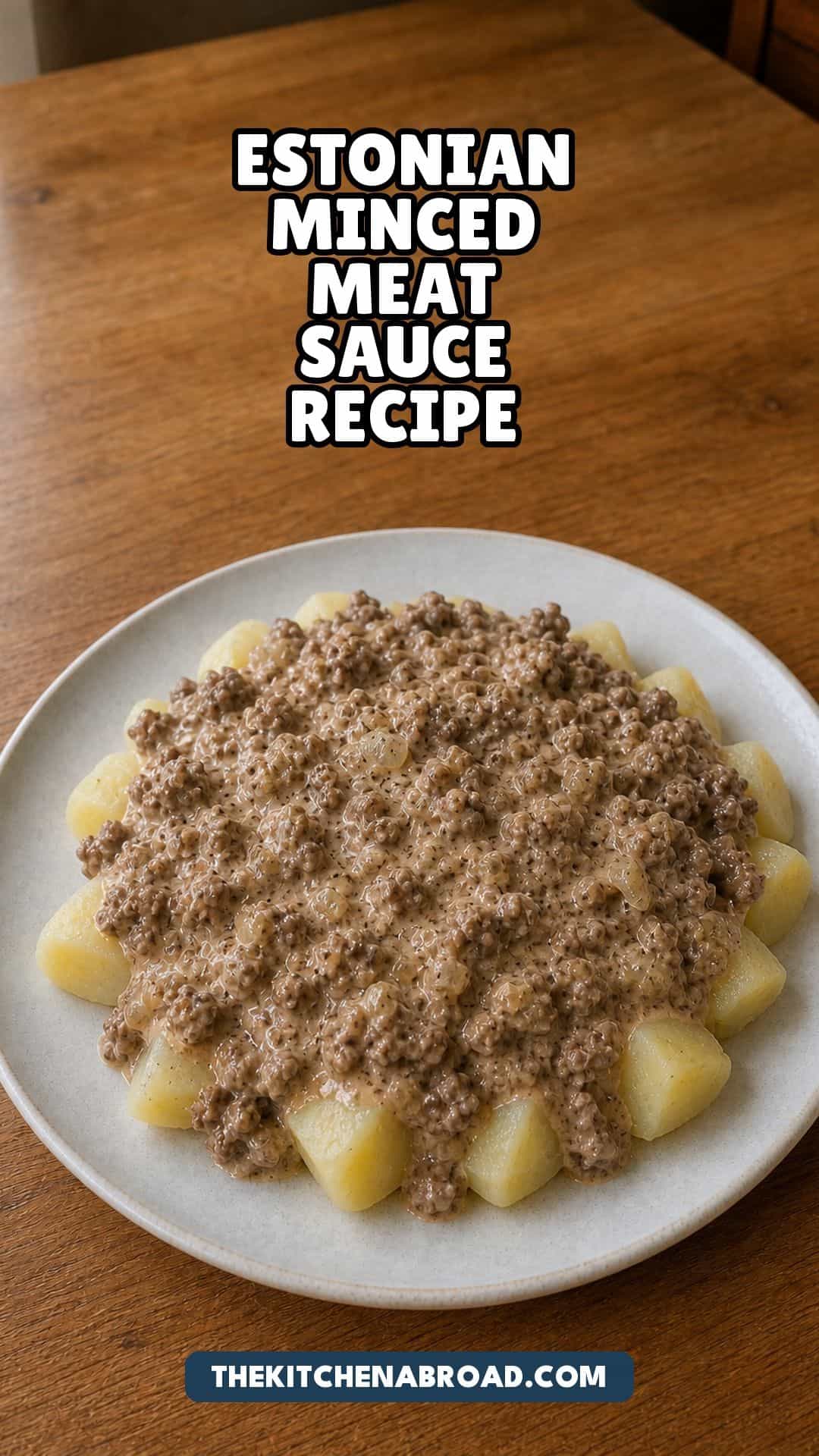 Hakklihakaste: Estonian Minced Meat Sauce Pinterest pin for Estonian minced meat sauce recipe with sour cream over boiled potatoes