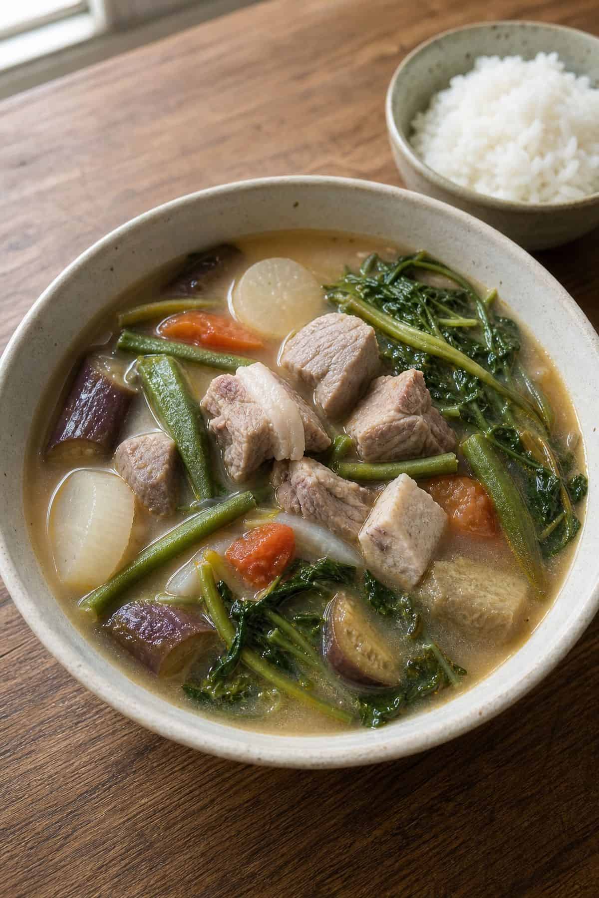 Filipino Pork Sinigang Recipe (Pork Stew in Tamarind) Bowl of Filipino pork sinigang with pork, daikon, eggplant, okra, string beans, and morning glory