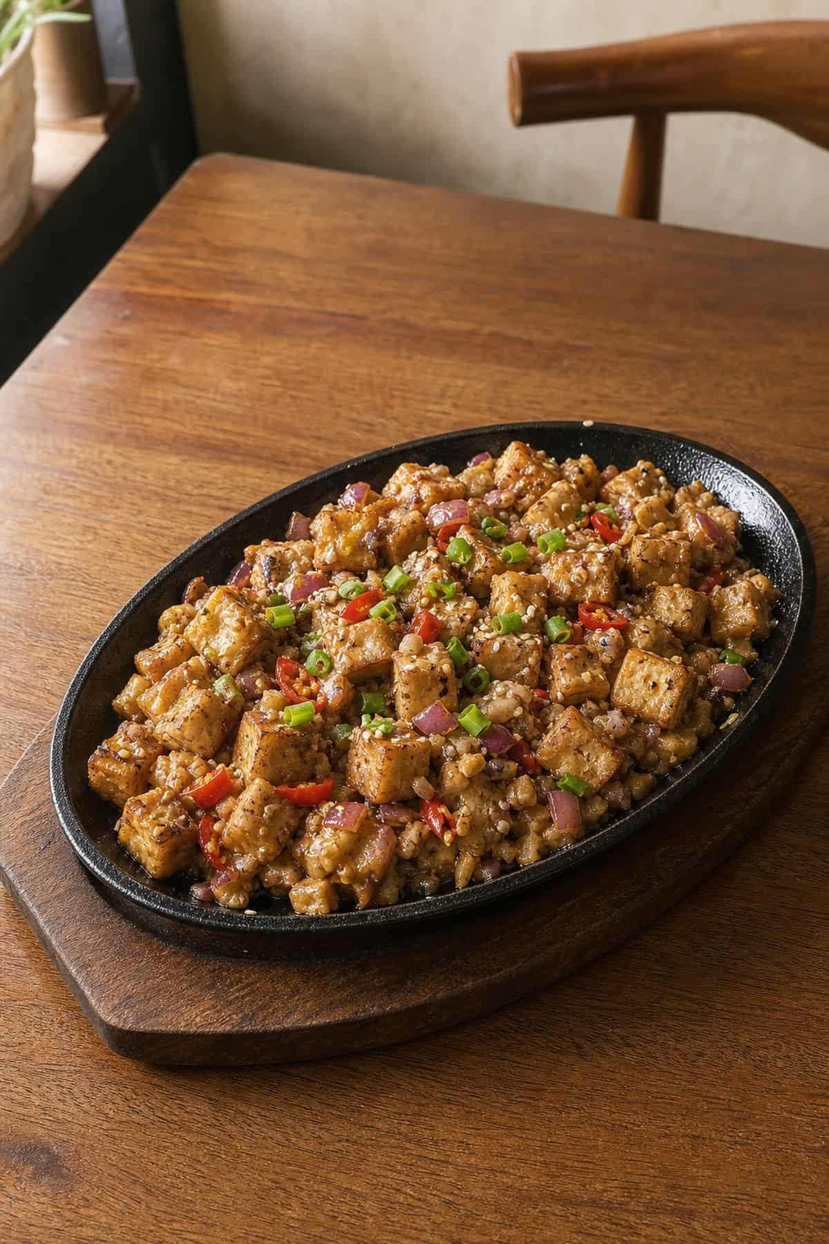 Crispy Tofu Sisig Recipe That Rivals the Pork Version Filipino style sizzling tofu with crispy tofu cubes, peppers, onion, spring onion, and sesame seeds on a black sizzling plate.