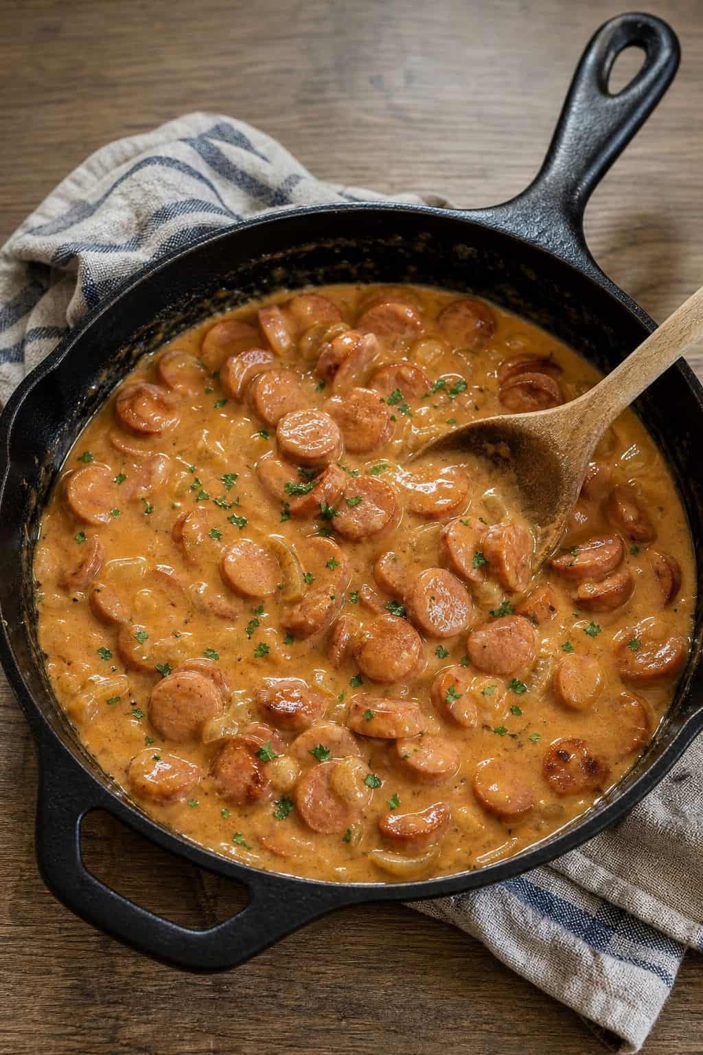 Nakkikastike Recipe: Finnish Hot Dog Sauce in Creamy Mustard Gravy Finnish hot dog sauce nakkikastike recipe with sliced hot dogs simmered in creamy mustard gravy.