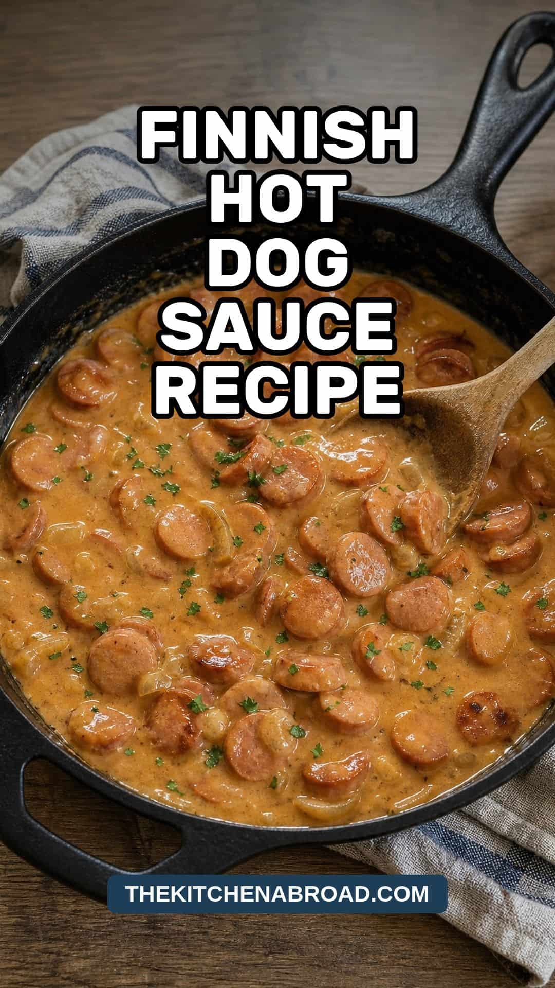 Nakkikastike Recipe: Finnish Hot Dog Sauce in Creamy Mustard Gravy Finnish hot dog sauce nakkikastike recipe Pinterest pin with sliced hot dogs in creamy mustard gravy.