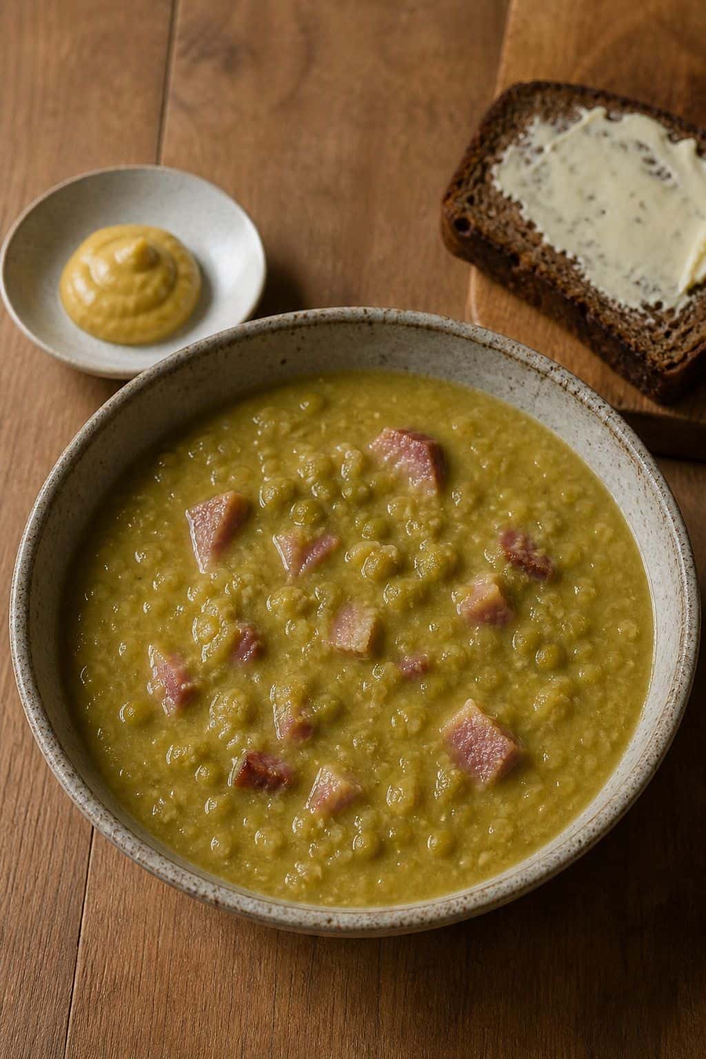 A bowl of thick Finnish pea soup with smoked pork served with mustard and buttered rye bread.