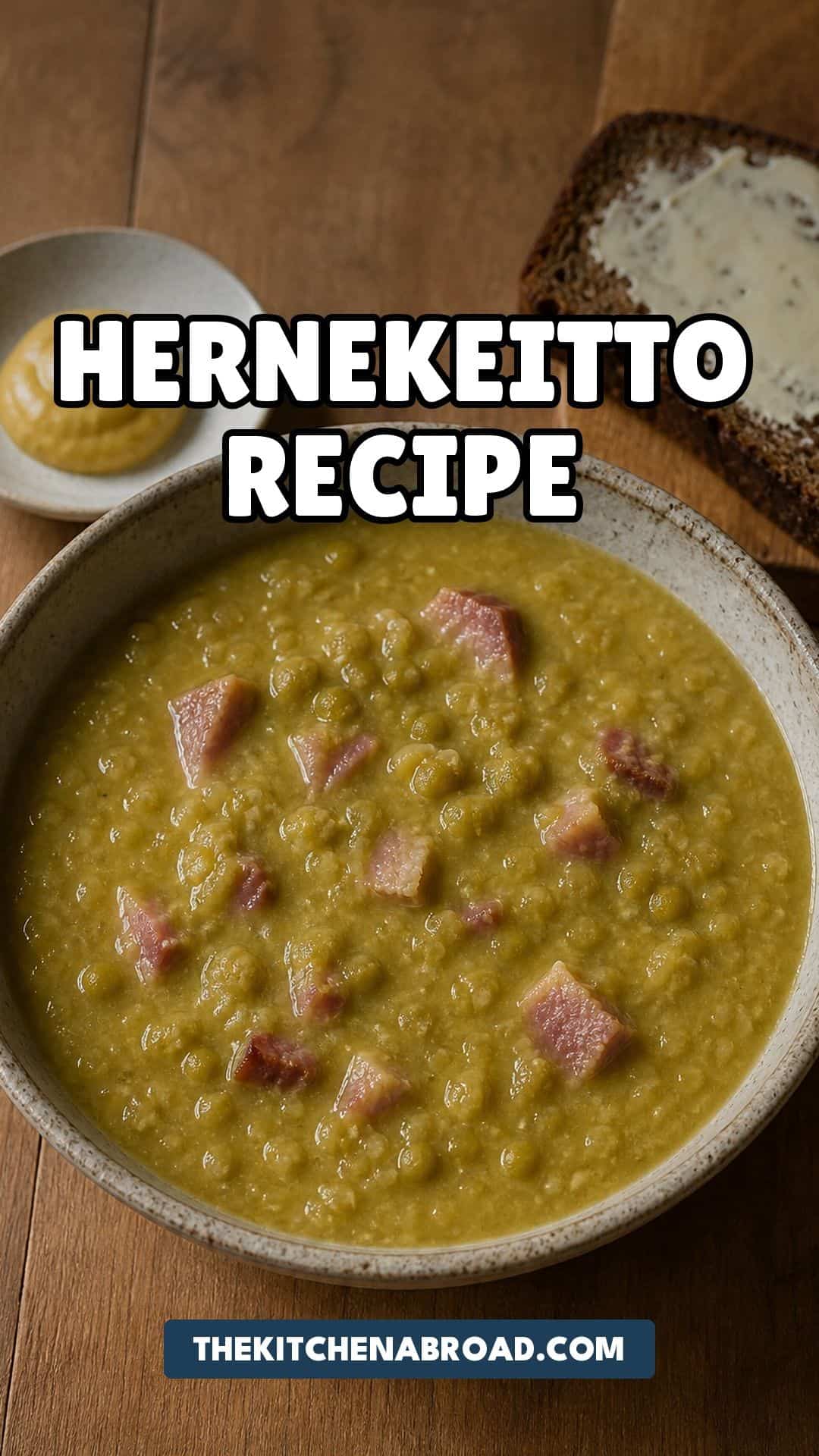 Hernekeitto recipe pin showing thick Finnish pea soup with smoked pork, mustard, and rye bread.