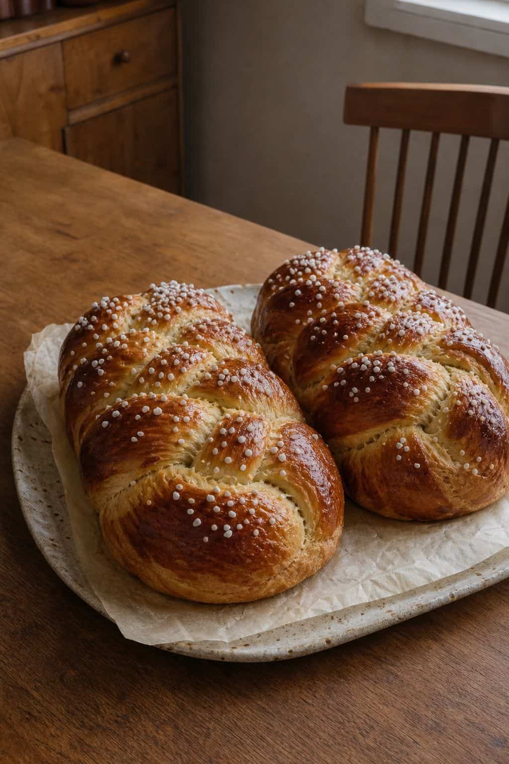 Finnish Pulla Bread Recipe (Braided Cardamom Bread) Two braided Finnish pulla bread loaves topped with pearl sugar on a rustic kitchen table.