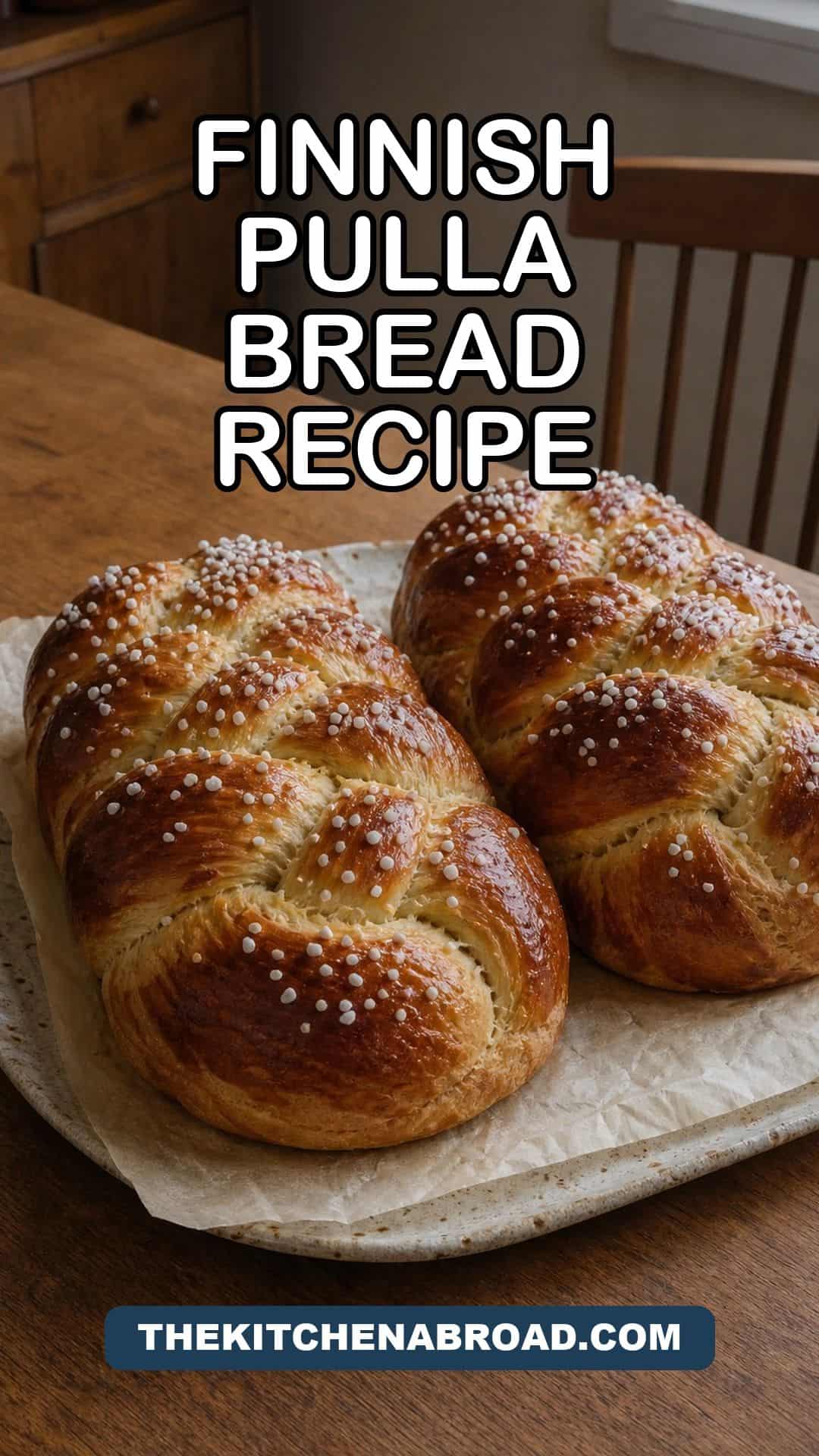 Finnish Pulla Bread Recipe (Braided Cardamom Bread) Finnish pulla bread recipe Pinterest pin with braided cardamom loaves and pearl sugar.