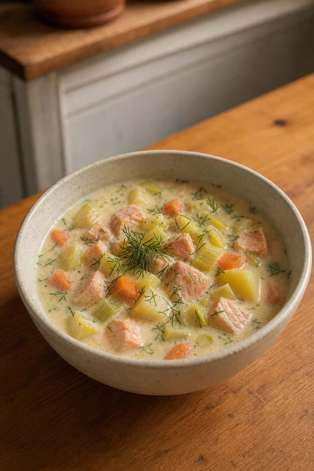Creamy Finnish salmon soup with salmon, potatoes, carrots, leeks, and dill in a ceramic bowl.