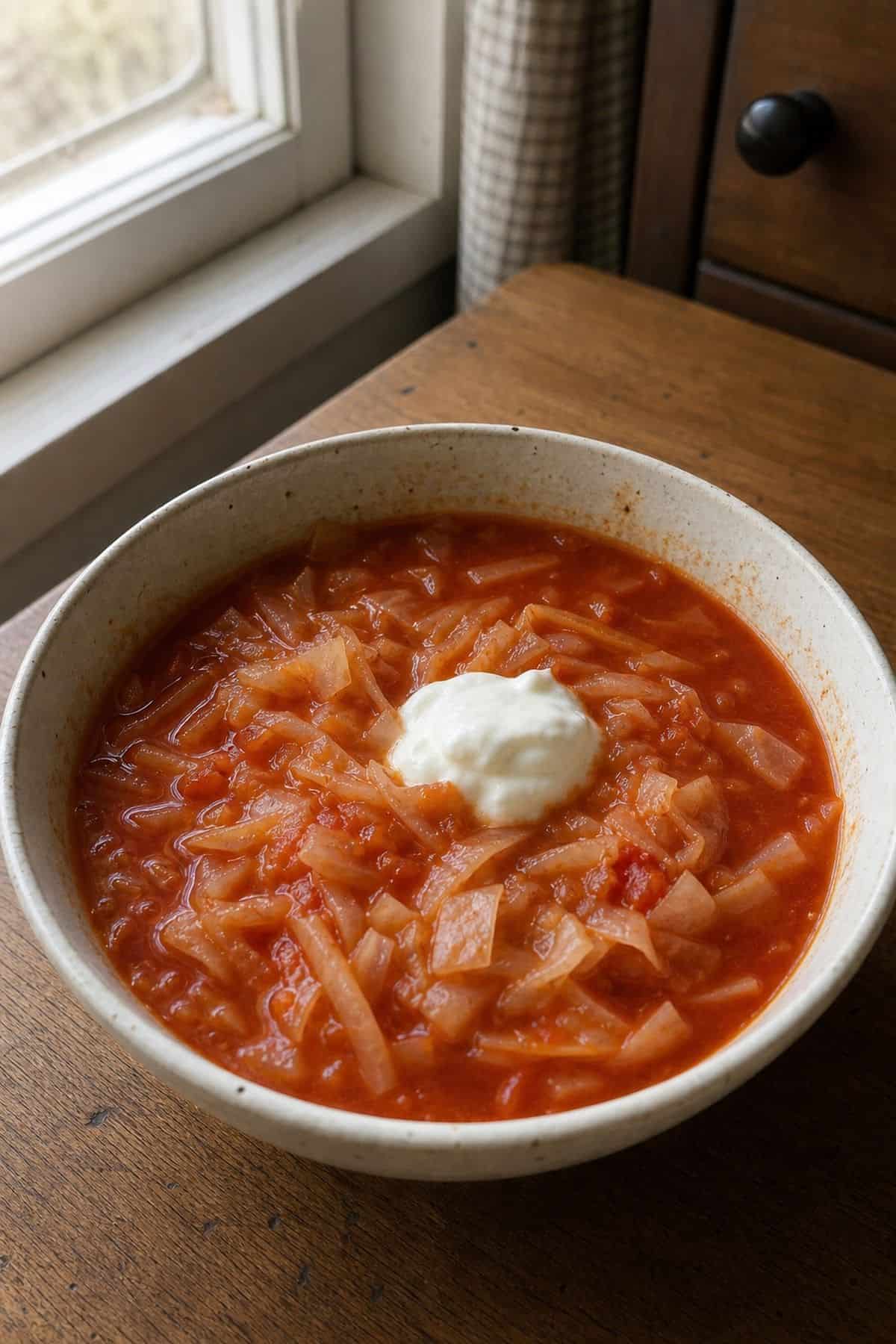 Finnish vegetarian cabbage soup with tomato broth, cabbage ribbons, and sour cream in a ceramic bowl