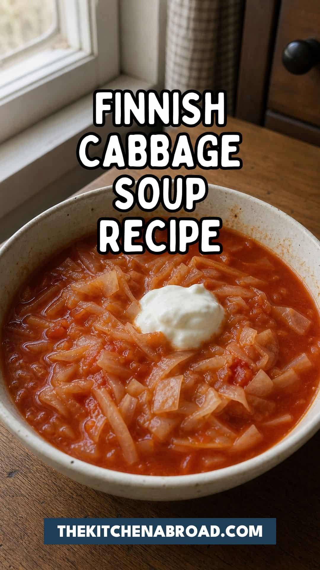 Finnish cabbage soup recipe Pinterest pin with a bowl of tomato cabbage soup