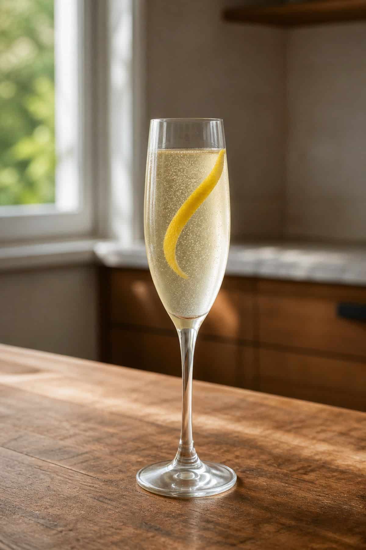 French 75 Cocktail Recipe French 75 cocktail in a chilled Champagne flute with lemon twist