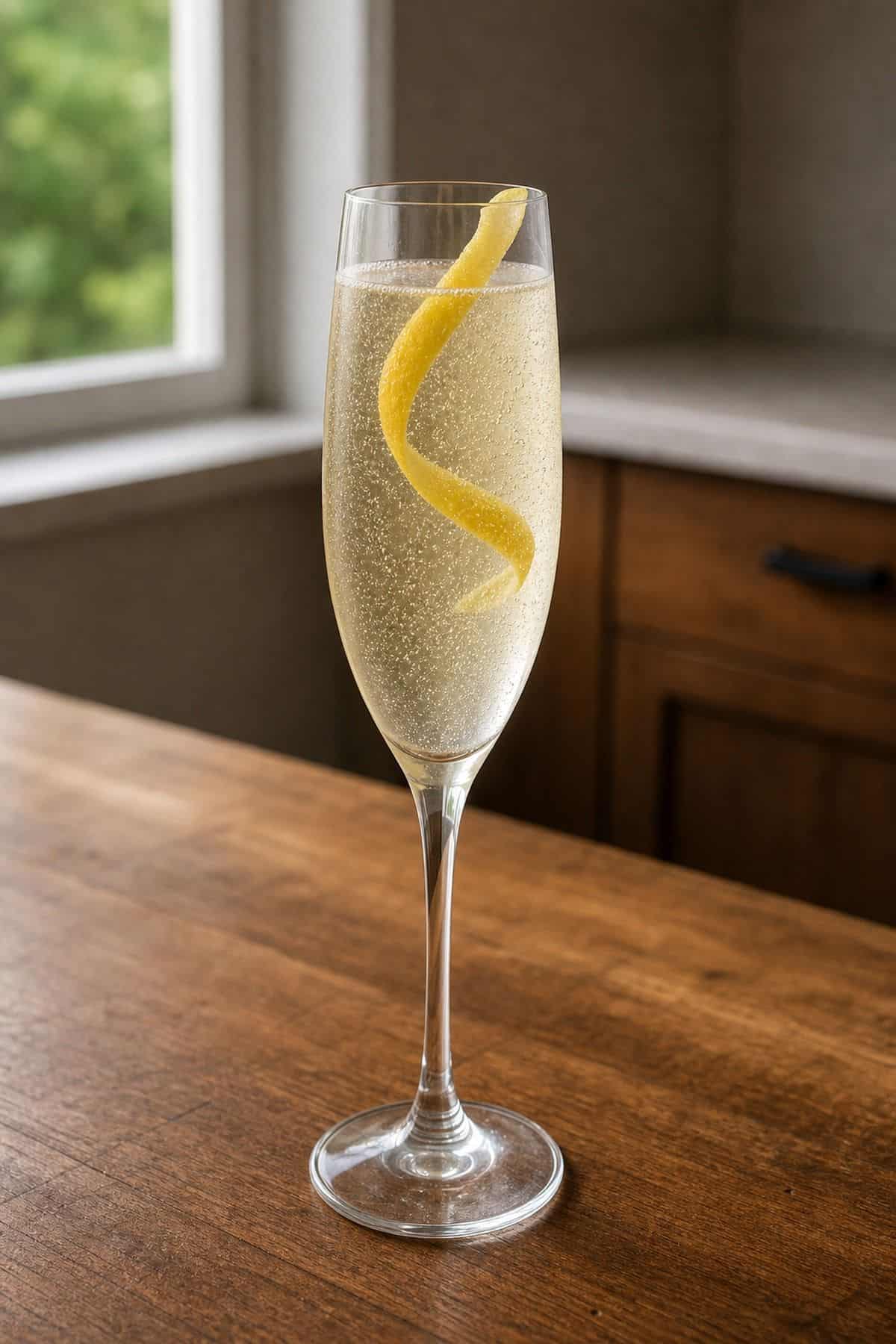 French 75 Cocktail Recipe French 75 cocktail with bubbles and lemon twist on a warm kitchen table