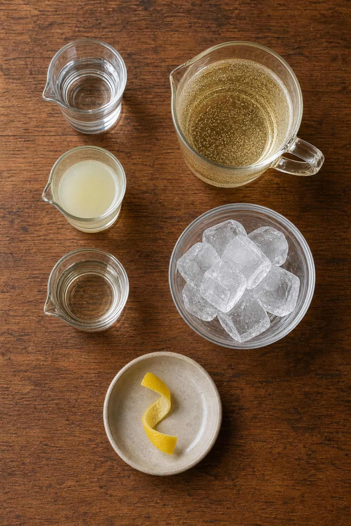 French 75 Cocktail Recipe French 75 cocktail ingredients with gin lemon juice simple syrup Champagne lemon twist and ice