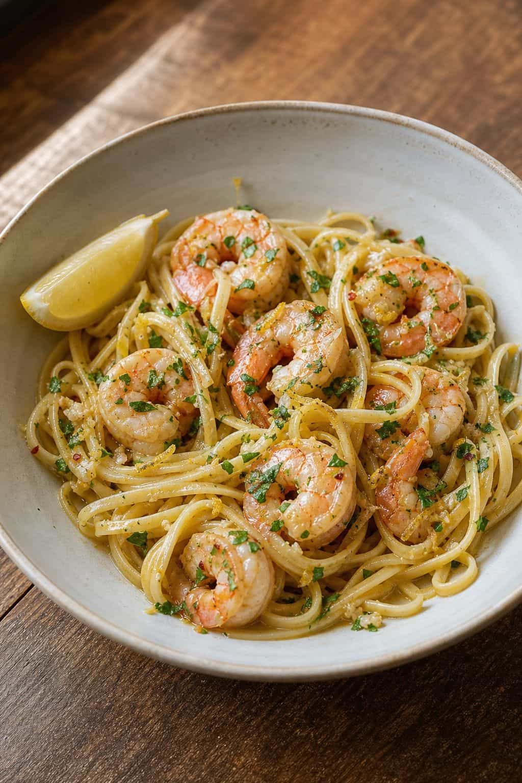 Garlic butter shrimp scampi with linguine lemon and parsley