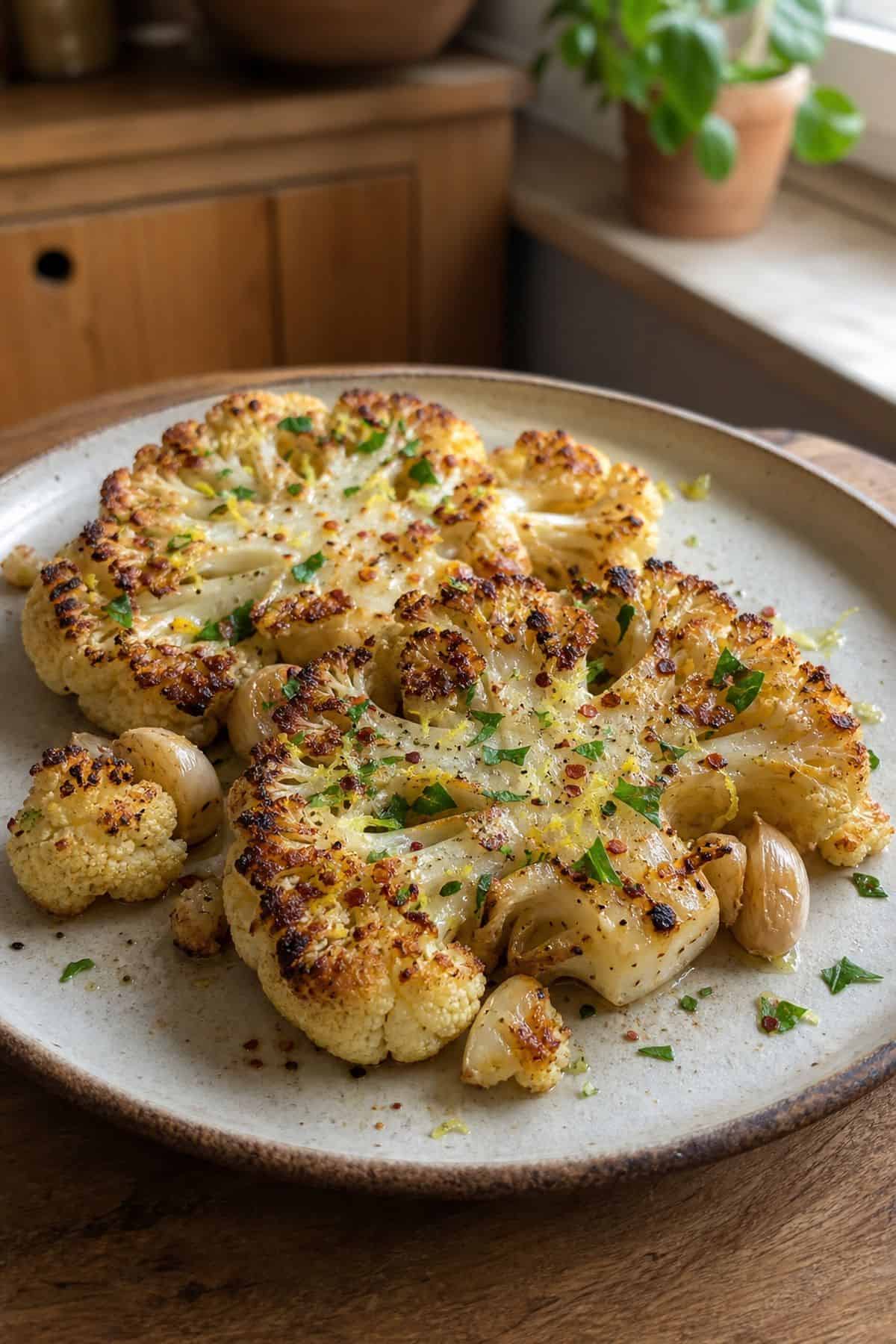 Garlicky Roasted Cauliflower Steaks Recipe (Oven, Easy) Garlicky roasted cauliflower steaks with lemon zest, parsley, Aleppo pepper, and roasted garlic on a ceramic plate.