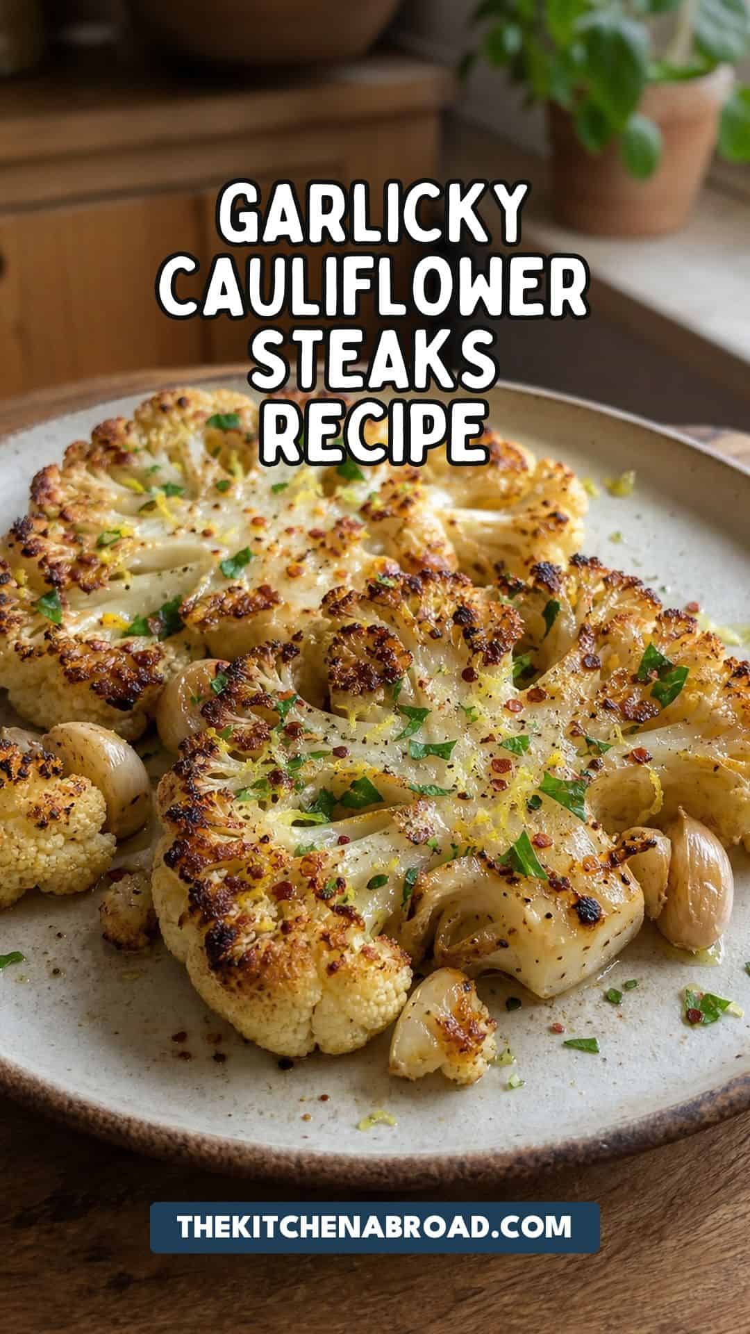 Garlicky Roasted Cauliflower Steaks Recipe (Oven, Easy) Garlicky cauliflower steaks recipe Pinterest pin with roasted cauliflower steaks.