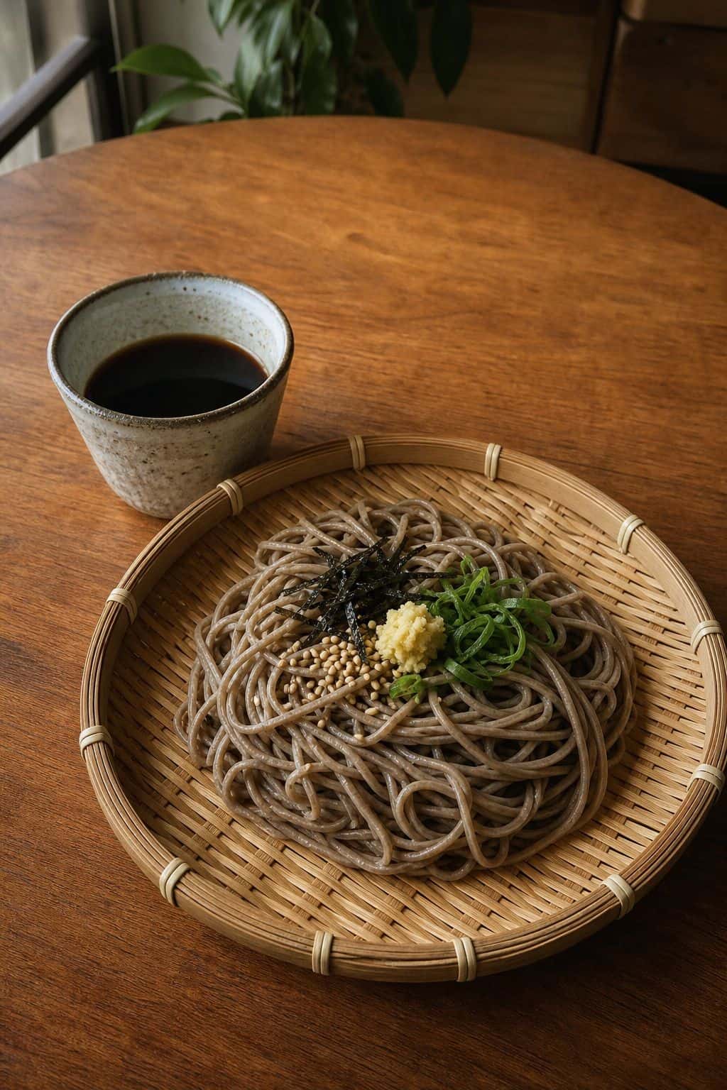 Gluten-Free Soba Noodles Recipe (Ready in 15 Minutes) Gluten-free juwari soba noodles on a bamboo zaru with tamari dipping sauce, ginger, scallions, sesame, and nori