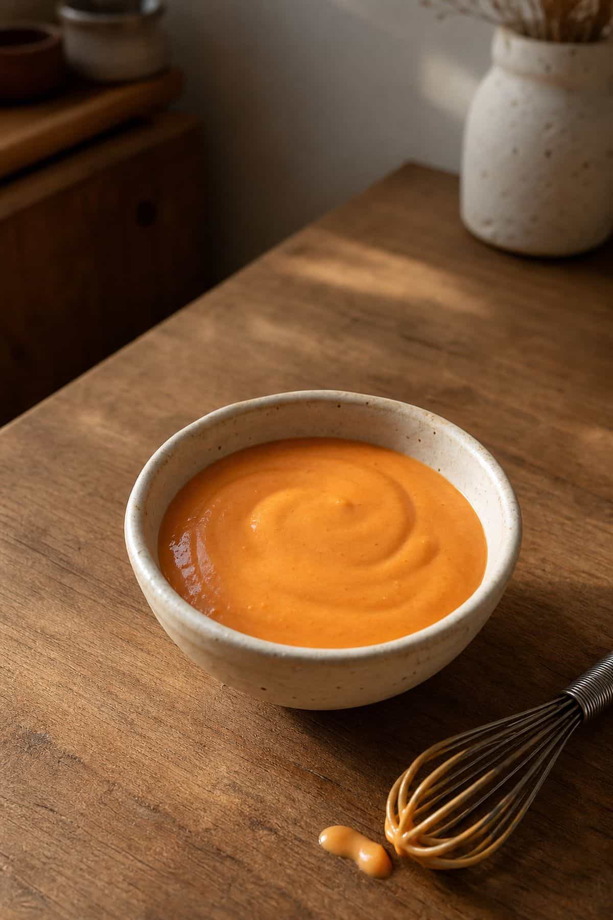 Smooth gochujang mayo in a small ceramic bowl with a whisk on a wood counter