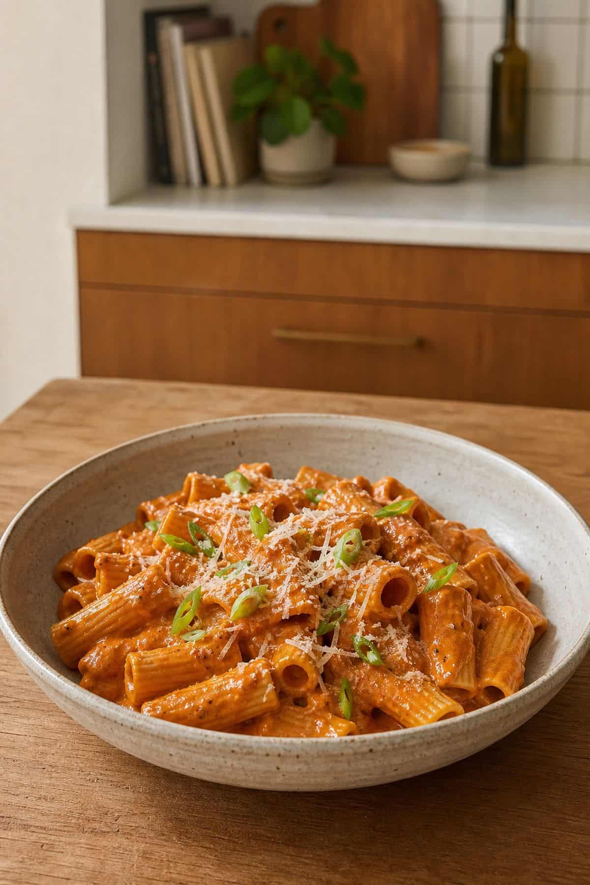 Gochujang Pasta Recipe (Creamy, Spicy, 20 Minutes) Creamy gochujang rigatoni pasta in a ceramic bowl with parmesan and scallions