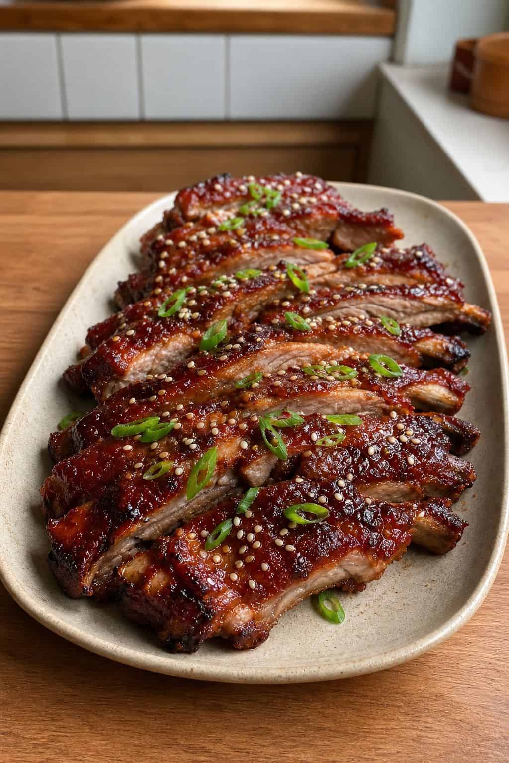 Sticky gochujang pork ribs with scallions and sesame seeds on a ceramic platter