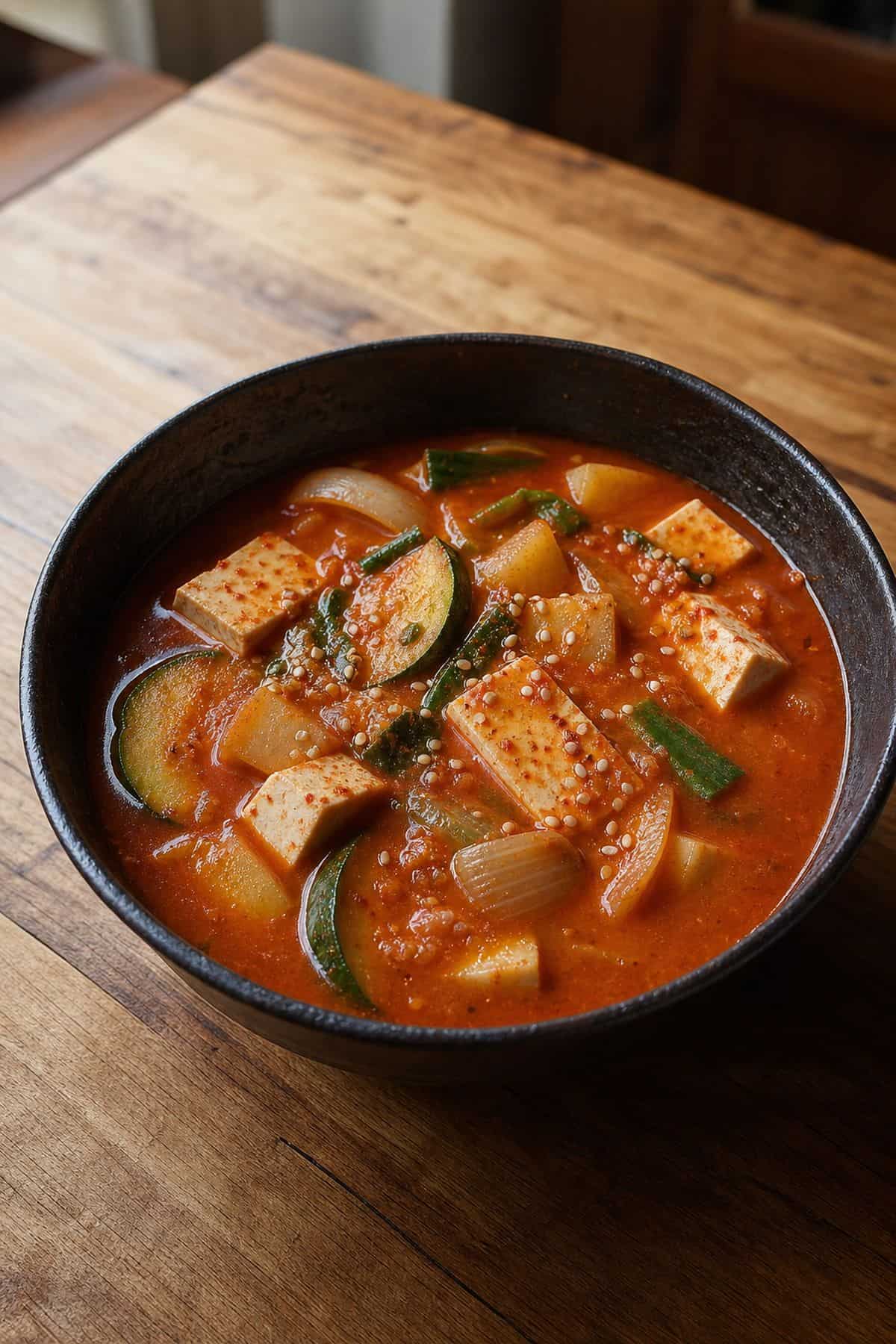 Gochujang Soup Recipe That's Spicy, Comforting, and Ready in 30 Minutes Gochujang soup with tofu zucchini potato onion scallions and sesame seeds