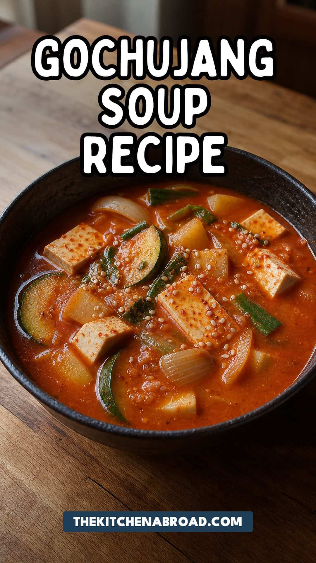 Gochujang Soup Recipe That's Spicy, Comforting, and Ready in 30 Minutes Gochujang soup recipe pin with spicy Korean tofu stew in a dark ceramic bowl