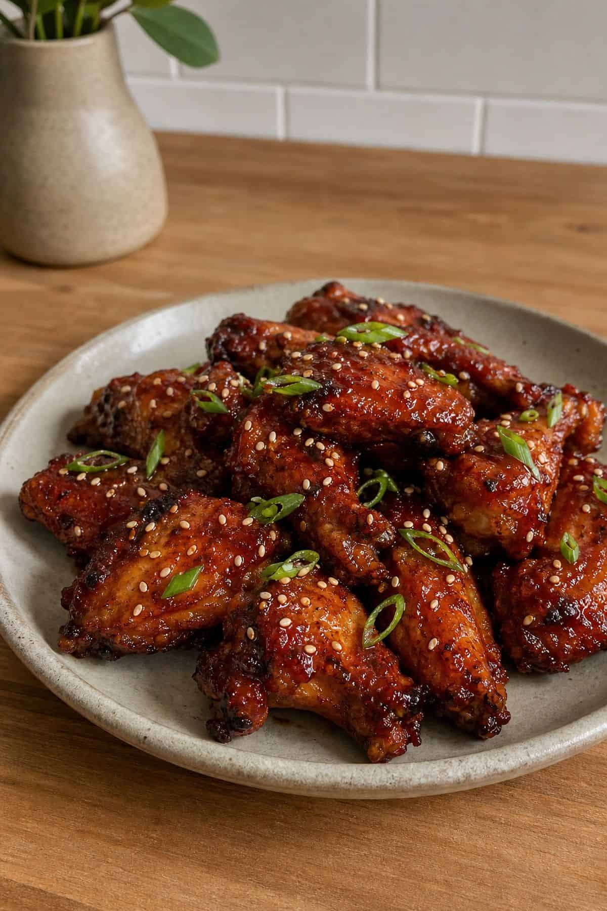 Gochujang Chicken Wings Recipe (Sticky Korean Glaze) Gochujang chicken wings with sticky glaze sesame seeds and scallions