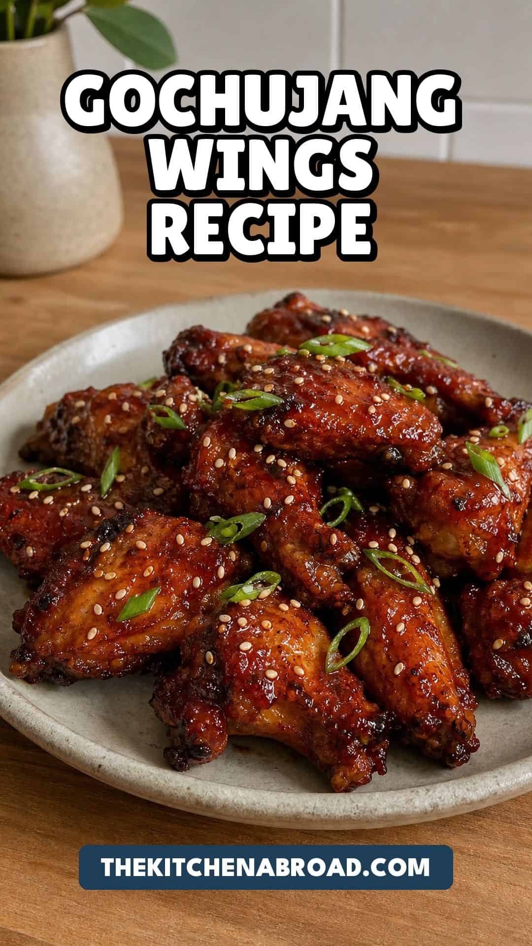 Gochujang Chicken Wings Recipe (Sticky Korean Glaze) Pinterest pin for gochujang chicken wings recipe with sticky Korean glaze