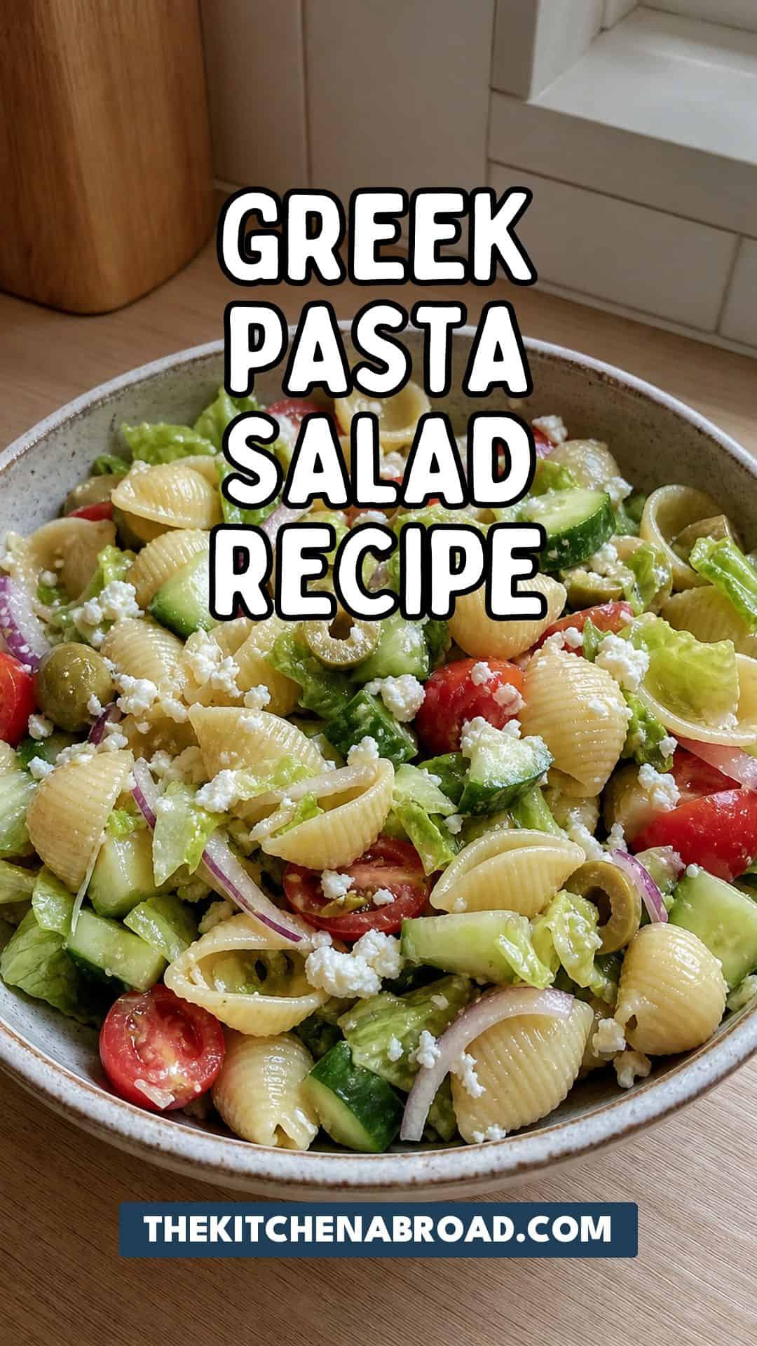 Greek pasta salad recipe pin with shell pasta, feta, tomatoes, cucumber, red onion, lettuce, and green olives.