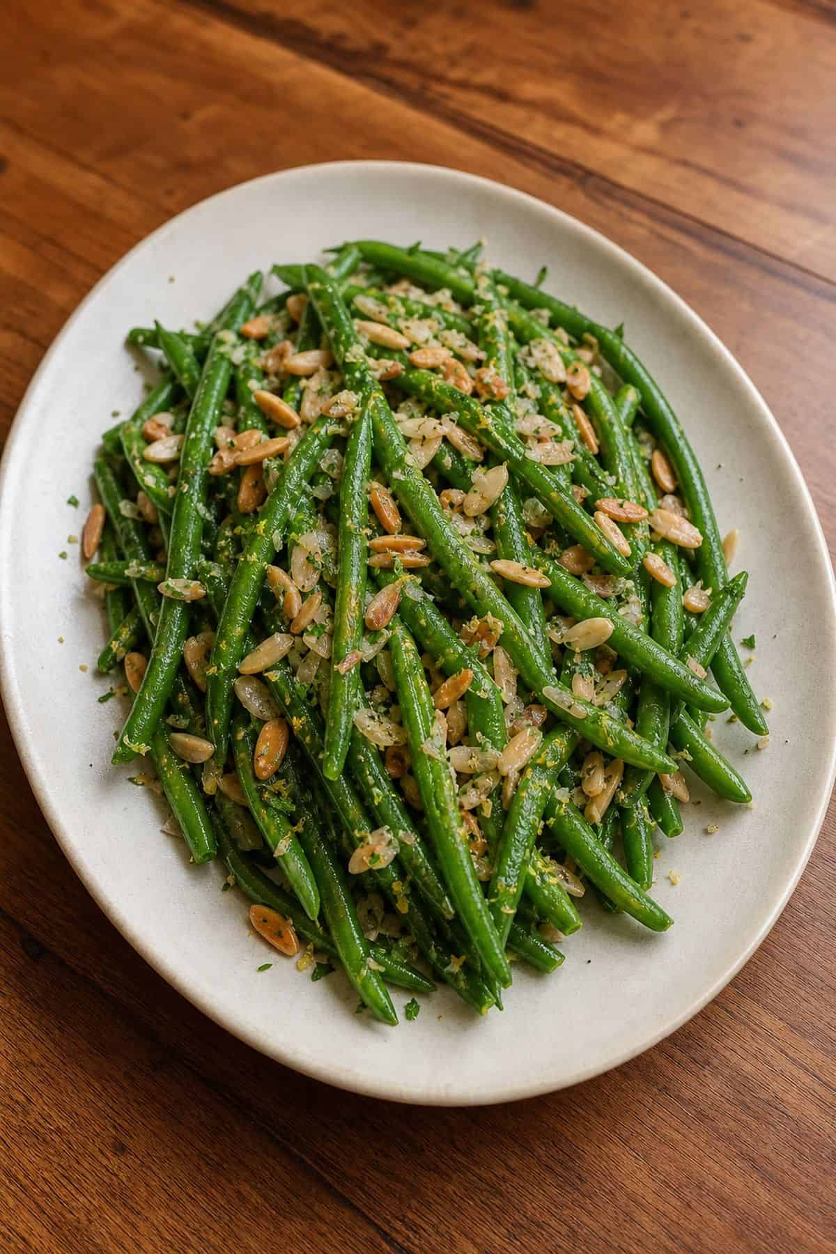 Green beans almondine with toasted almonds and lemon on a rustic plate.