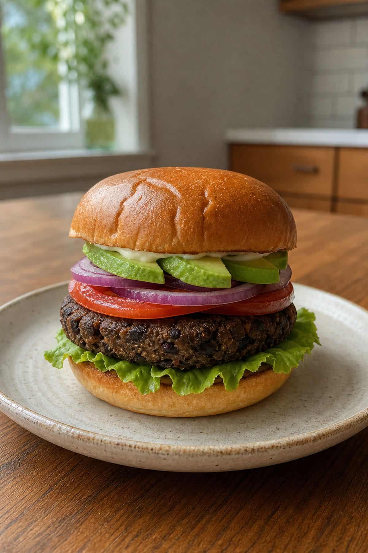 Homemade black bean burger on a toasted brioche bun with lettuce, tomato, red onion, avocado, and mayo.
