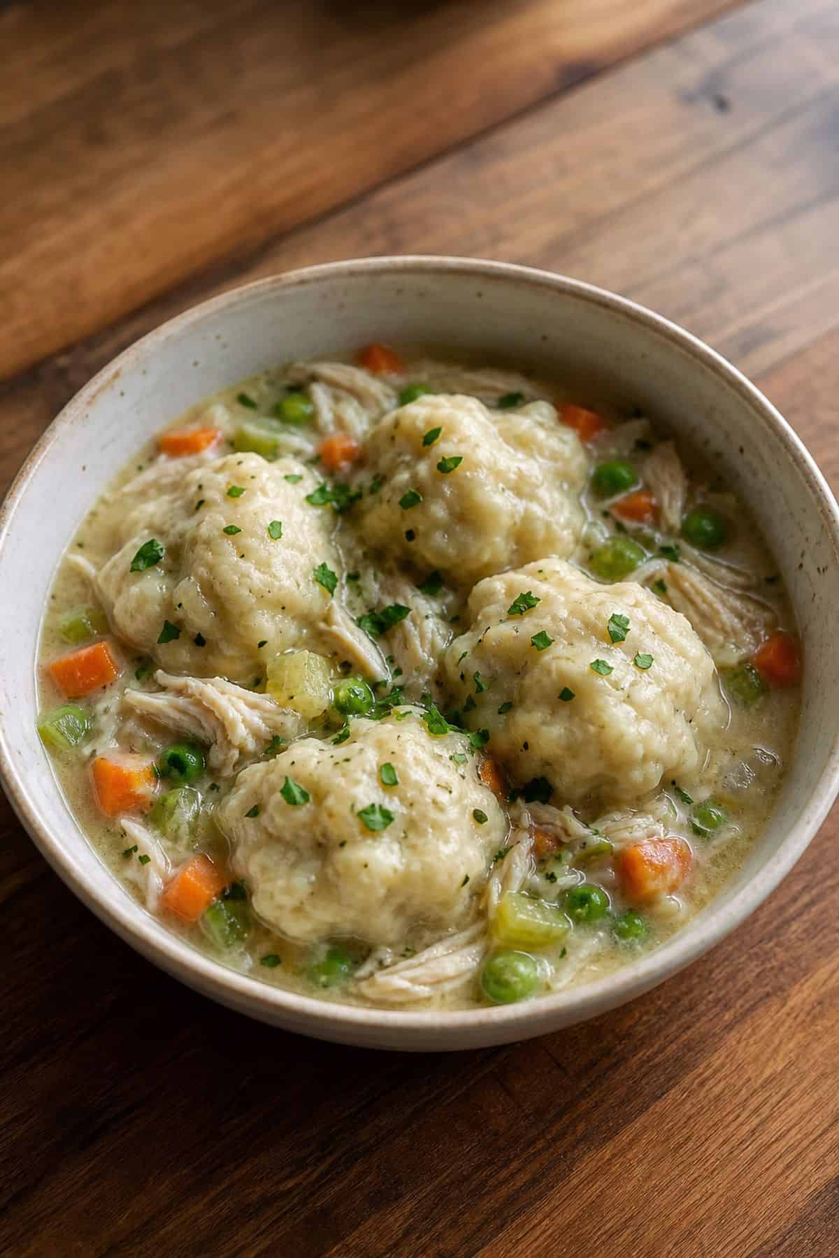 Homemade Chicken and Dumplings (Fluffy Drop Dumplings, From Scratch) Homemade chicken and dumplings with fluffy drop dumplings, chicken, carrots, celery, and peas in a creamy stew.