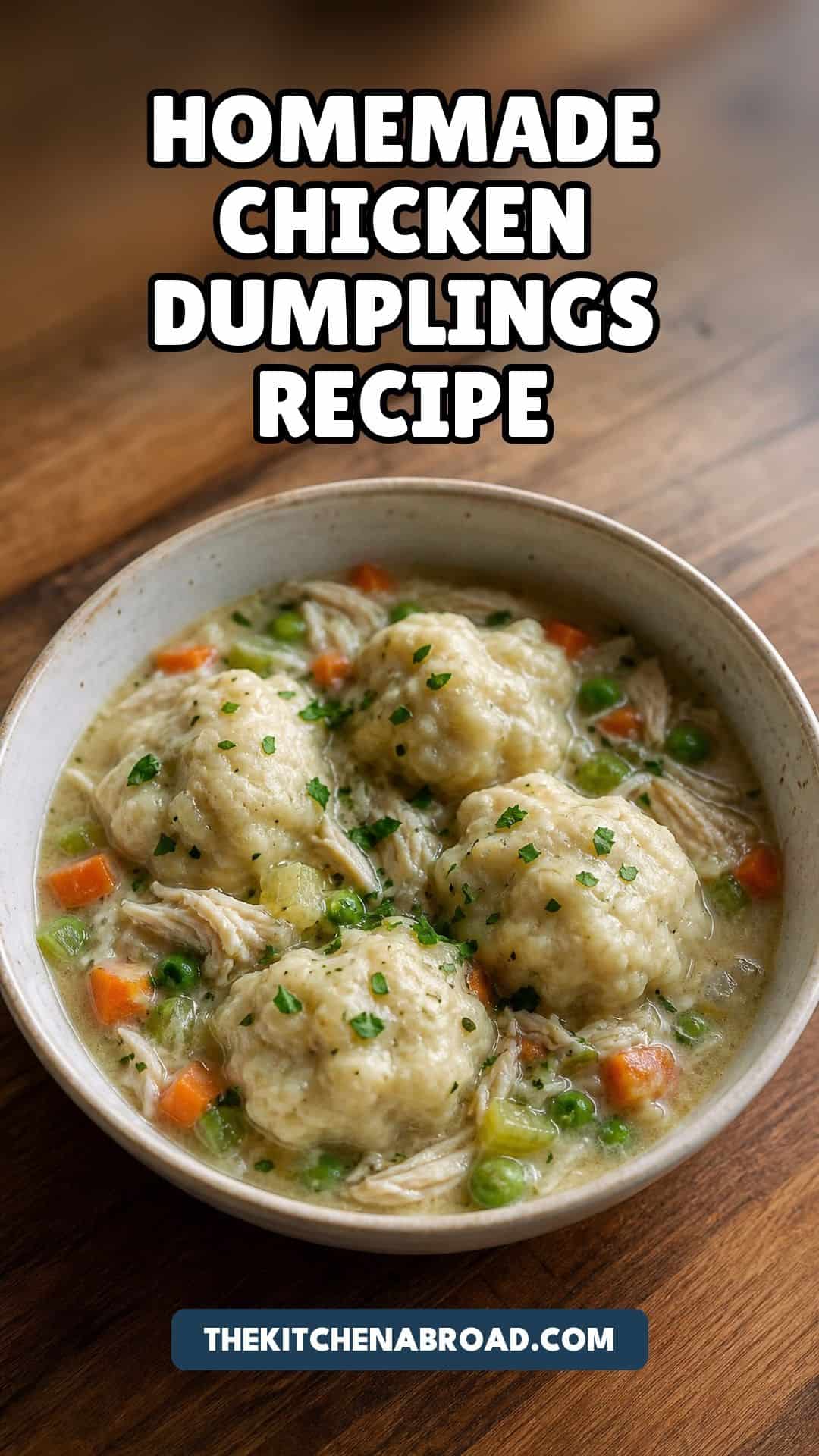 Homemade Chicken and Dumplings (Fluffy Drop Dumplings, From Scratch) Homemade chicken and dumplings recipe pin showing fluffy drop dumplings over creamy chicken stew.