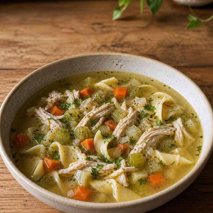Bowl of homemade chicken noodle soup with shredded chicken, wide egg noodles, carrots, celery, parsley, and dill.