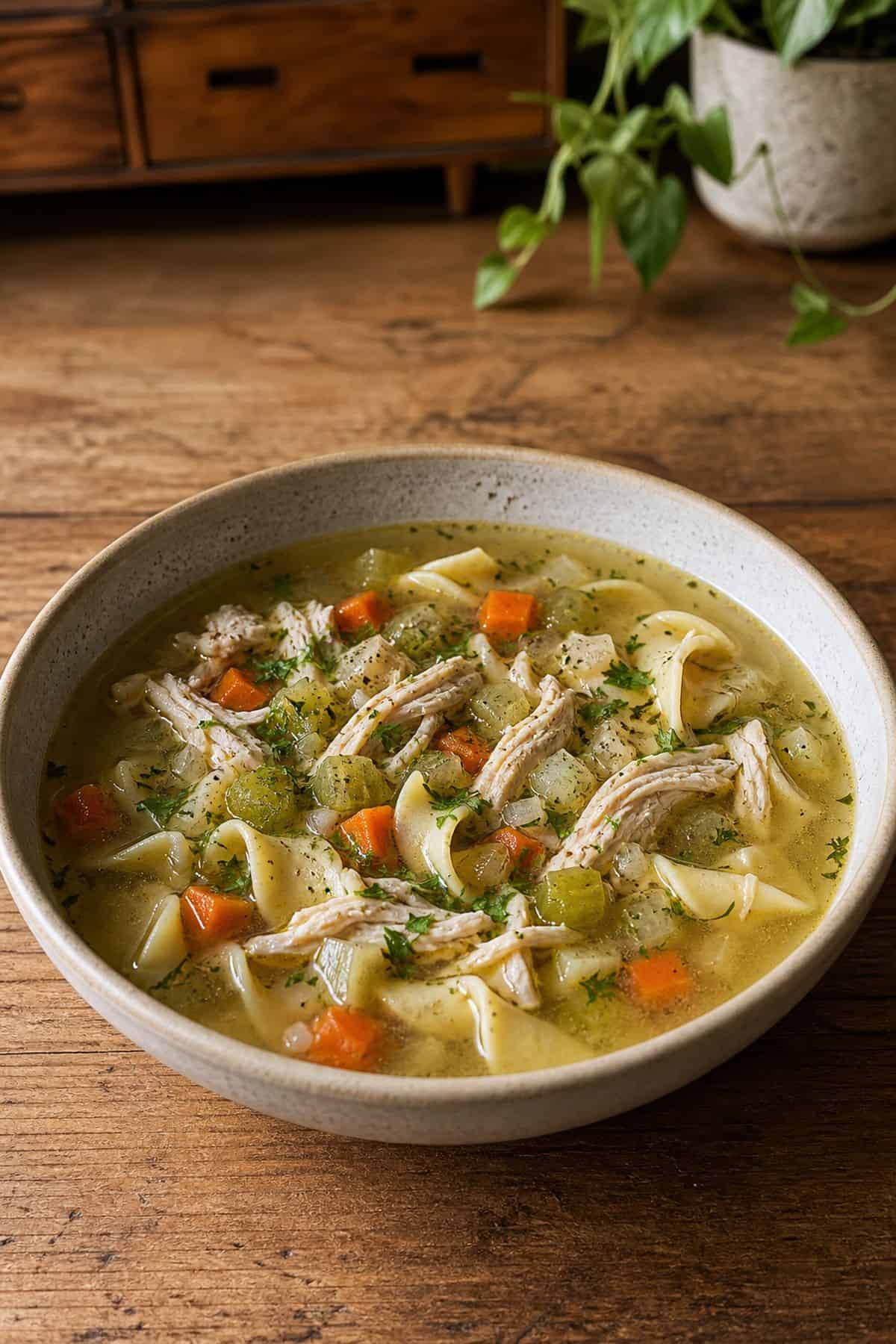 Bowl of homemade chicken noodle soup with shredded chicken, wide egg noodles, carrots, celery, parsley, and dill.
