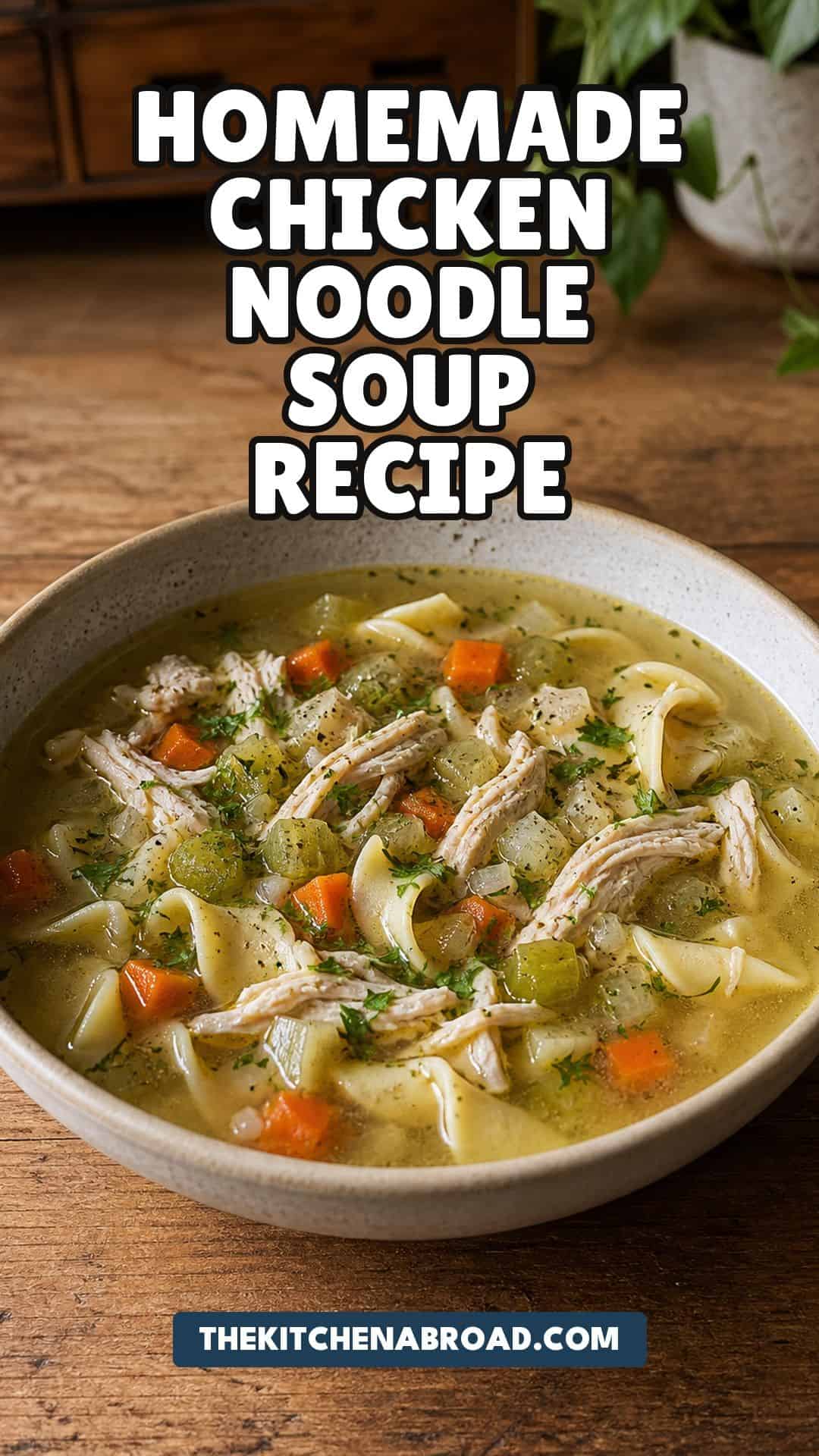 Homemade chicken noodle soup recipe with shredded chicken, egg noodles, carrots, celery, parsley, and dill.