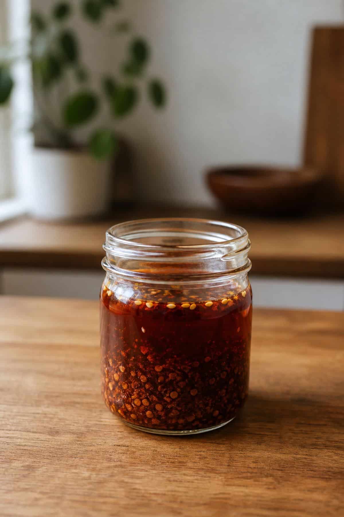 Homemade chili oil in a small glass jar with red pepper flakes settled in the oil.