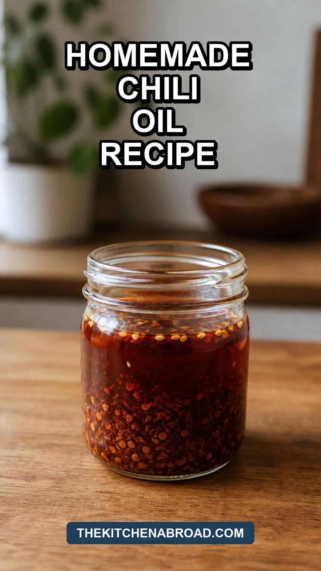 Homemade chili oil recipe pin with a jar of red chili oil in a cozy kitchen.