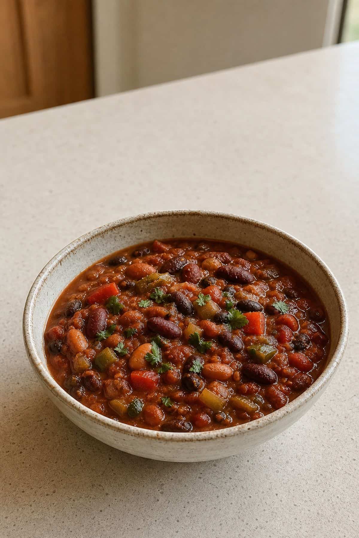 Hearty Vegetarian Chili (Three-Bean, Deep Flavor) A bowl of hearty three-bean vegetarian chili with tomatoes, bell peppers, and cilantro.
