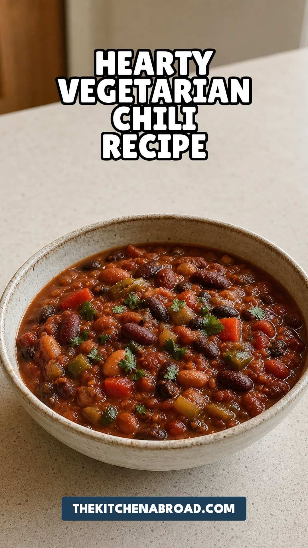 Hearty Vegetarian Chili (Three-Bean, Deep Flavor) Pinterest pin for hearty vegetarian chili recipe.